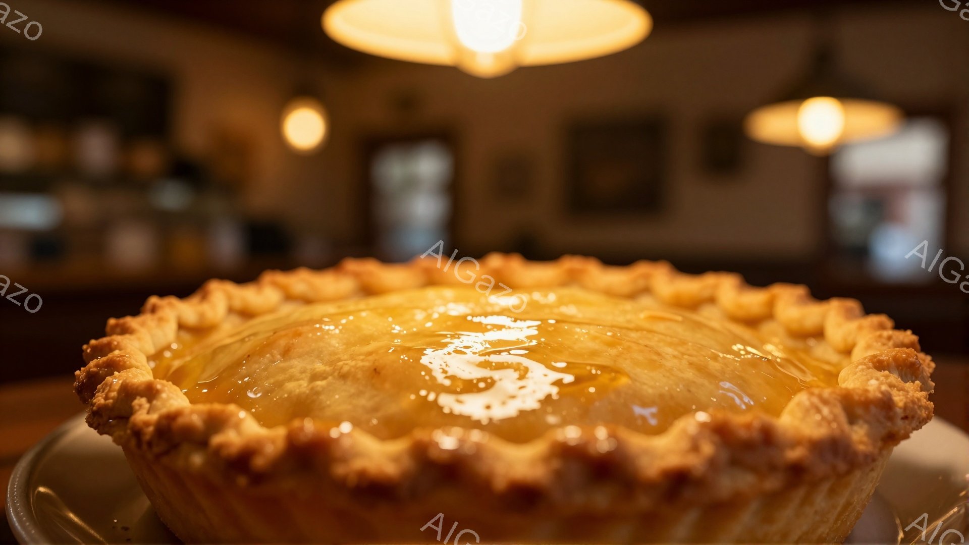 黄金色に輝くアップルパイが、薄い光の中で中央に配置されている。パイ生地の縁は丁寧に波打ち、表面にはキャラメルソースのようなものが輝いている。背景はぼやけており、暖色系の照明が控えめな雰囲気を醸し出している。