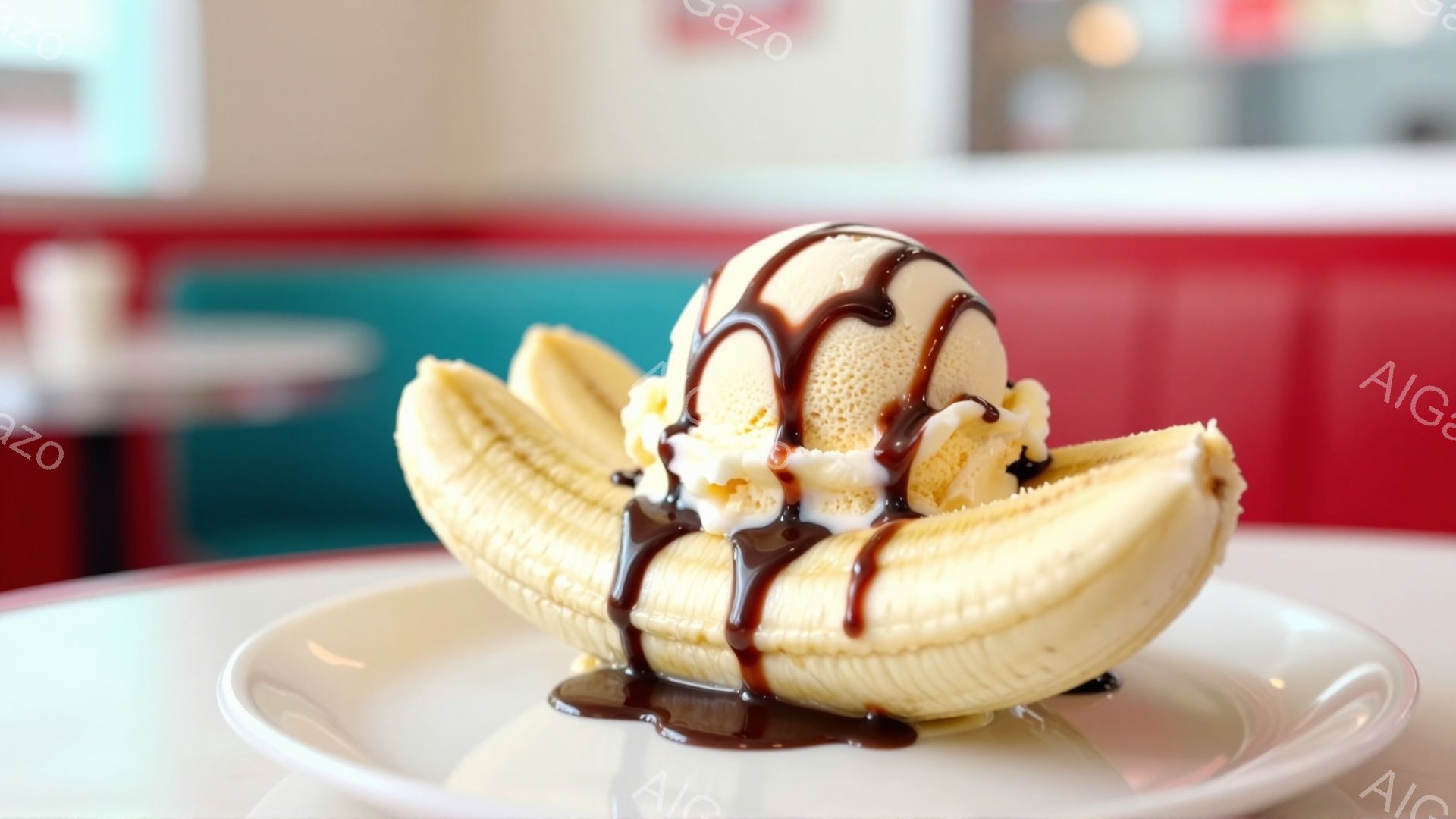 白い皿の上に、バナナを半分に割ったものが乗っており、その上にバニラアイスクリームが添えられています。チョコレートソースがアイスクリームとバナナの上から流れ落ちており、甘くて美味しそうなデザートです。背景にはぼやけた赤と青のシートが見え、カフェやレストランのような場所で撮影されたようです。