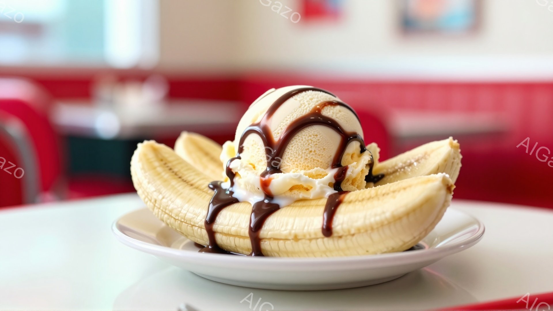白い皿の上に、皮をむいたバナナが並べられ、その上にバニラアイスクリームが乗っています。アイスクリームにはチョコレートソースがかけられており、全体的に甘くて美味しそうなデザートです。背景には、赤と白のストライプの壁が見え、レトロなダイナーのような雰囲気を感じさせます。