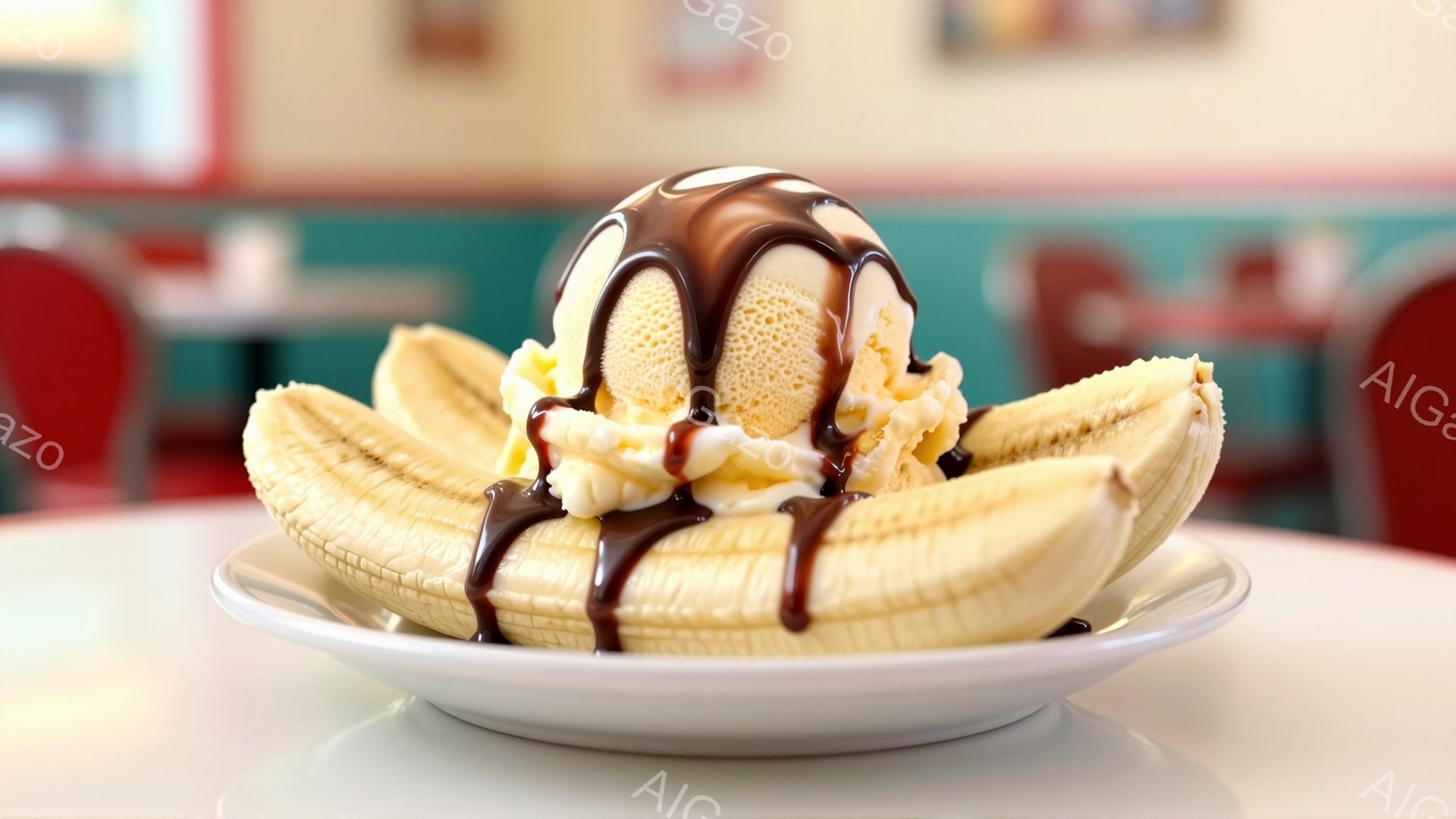 白い皿に、縦に切られたバナナが並べられ、その上にバニラアイスクリームが乗っています。アイスクリームにはチョコレートソースがたっぷりとかけられており、甘くて美味しそうなデザートです。背景には、ぼやけた赤と緑のインテリアが見え、アメリカンダイナーのようなレトロな雰囲気が漂っています。