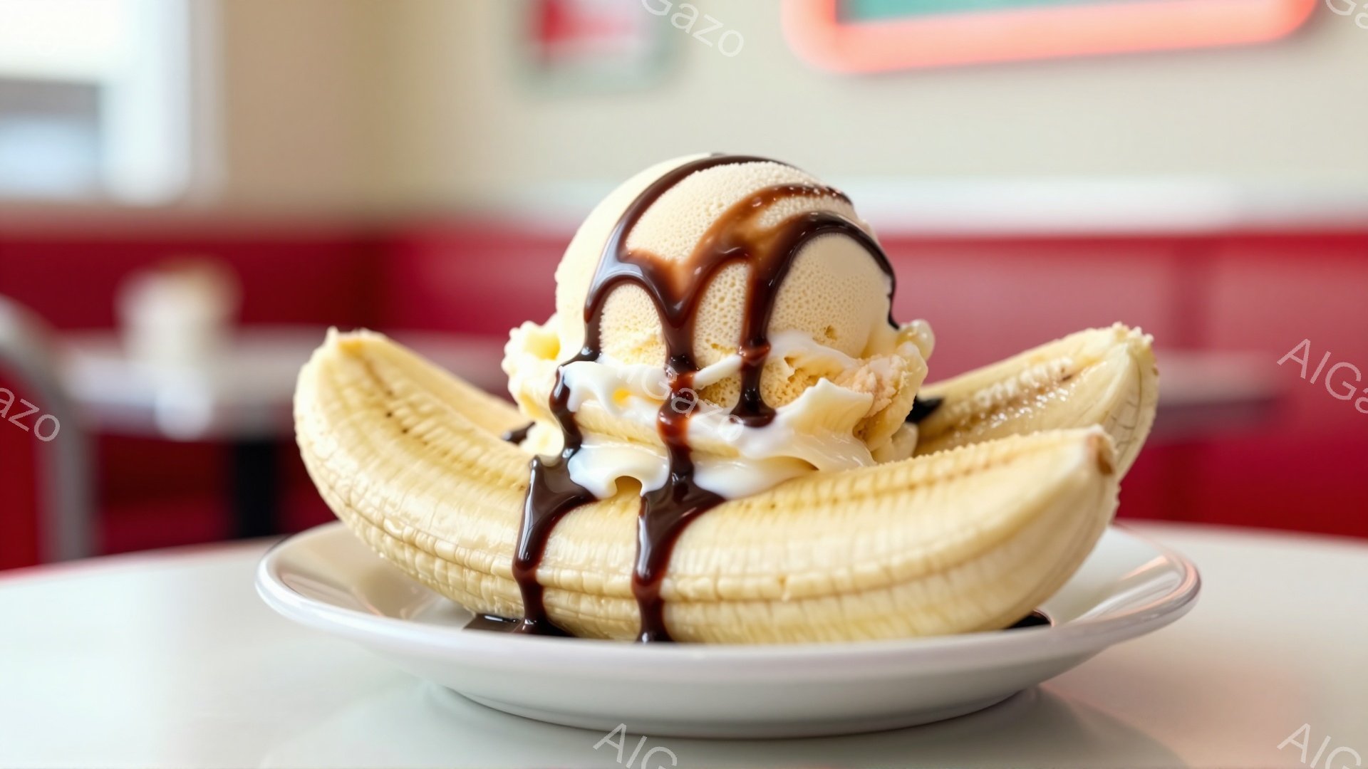 白い皿に、皮をむいたバナナが2つ並べられ、その上にバニラアイスクリームが乗っています。アイスクリームにはチョコレートソースがかけられており、見た目も美味しそうです。背景にはぼやけた赤色の内装が見え、レトロな雰囲気のカフェやダイナーのような場所で撮影された写真のようです。