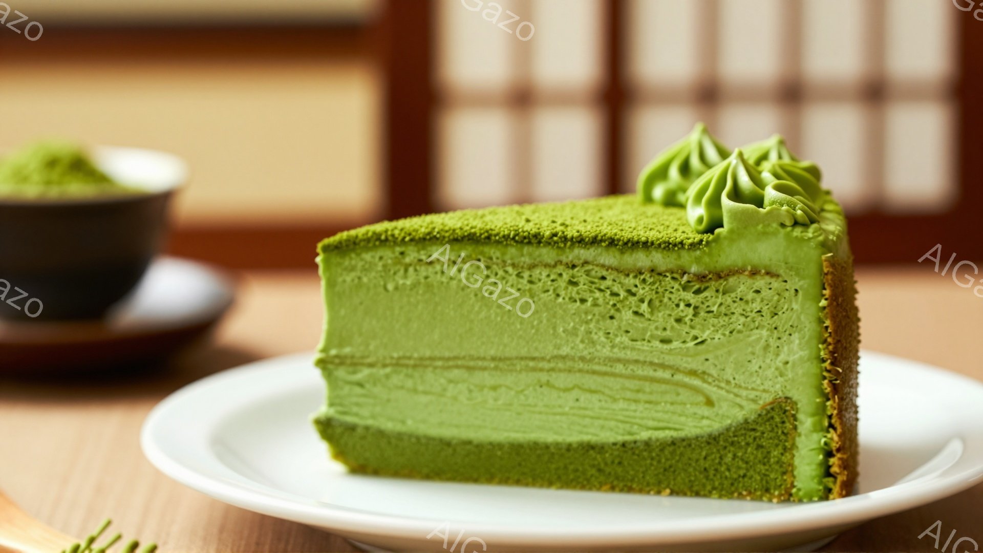 鮮やかな緑色の抹茶ケーキのスライスが白い皿に載せられています。ケーキの表面には繊細なクリームが飾られ、断面からはふっくらとしたスポンジ生地が確認できます。背景には茶色の器とぼやけた木製の格子模様が見え - AI生成フリー素材