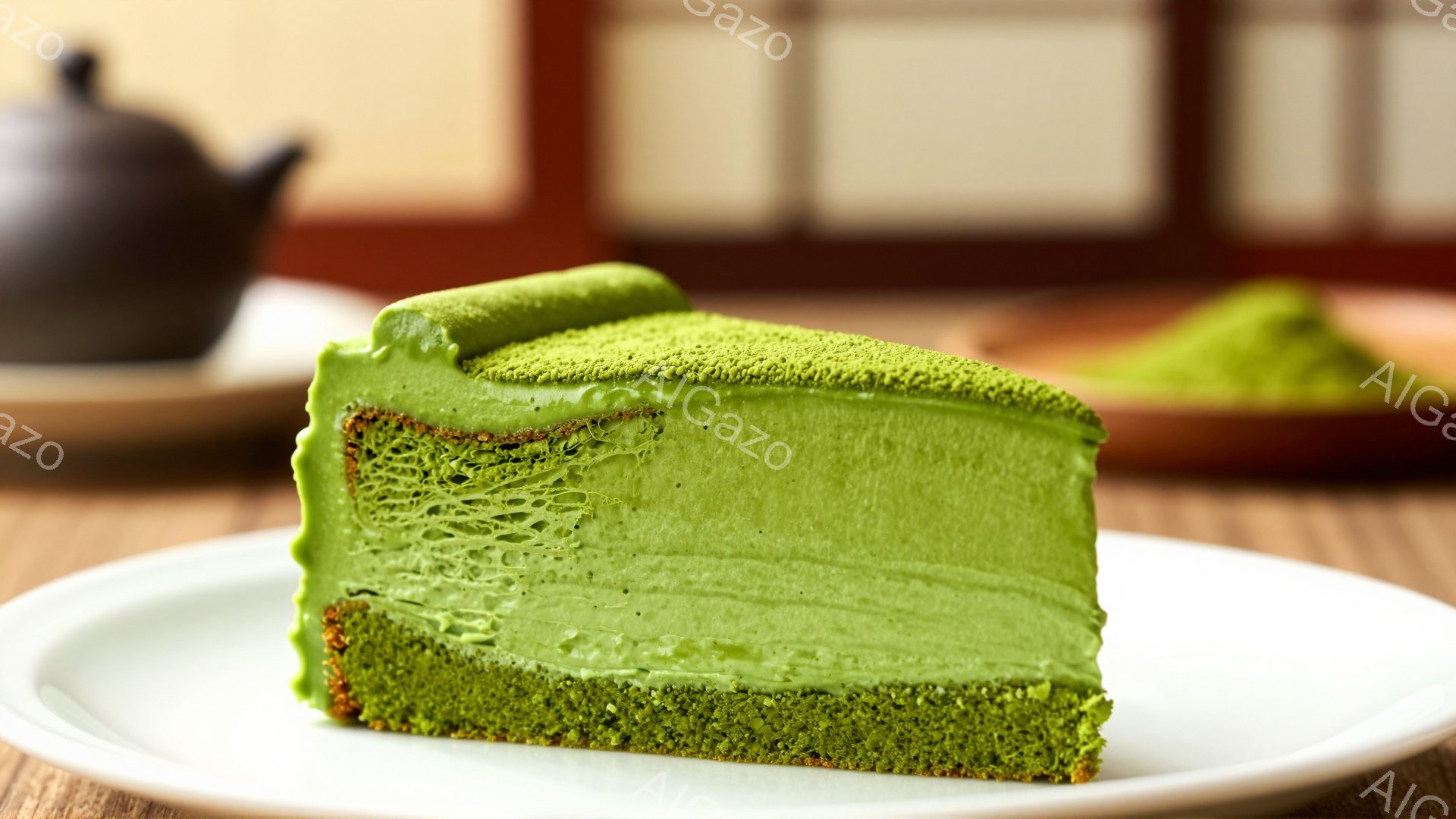 鮮やかな緑色の抹茶ケーキのスライスが白い皿に乗せられています。ケーキはふっくらとしたスポンジ生地と、なめらかでクリーミーな抹茶クリームで構成され、断面からその層が見えます。背景には、和風の木製のテーブ - AI生成フリー素材