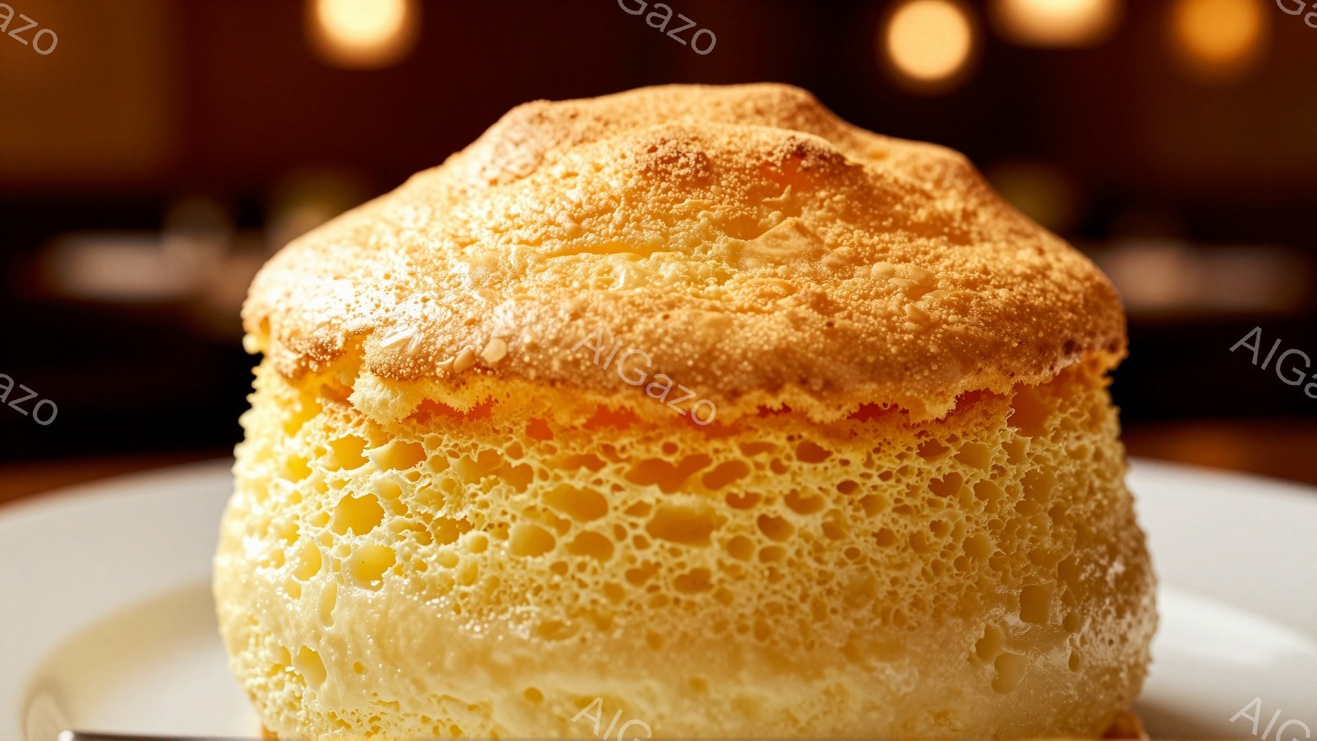 ふっくらとしたスフレチーズケーキが白い皿の上に置かれています。表面は黄金色に焼き上げられ、内部は気泡が密集してふんわりとした質感が伺えます。背景はぼかされており、暖色系の光がケーキを優しく照らしています。