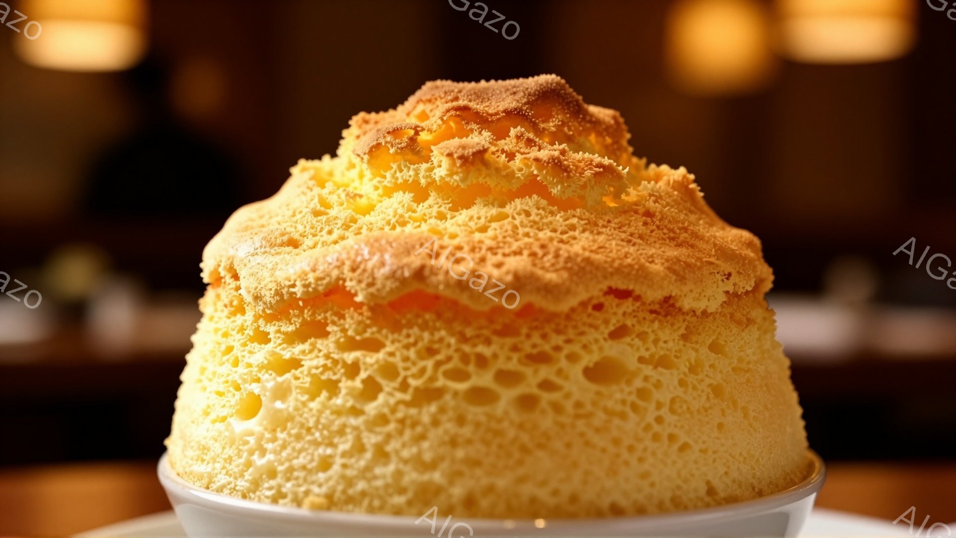 白い皿の上に、ふっくらとした茶色の表面を持つ、蜂蜜色のスフレケーキが置かれています。ケーキの表面には、小さな穴がたくさんあり、柔らかく、ふわふわとした食感が想像できます。背景はぼかされており、暖かい光 - AI生成フリー素材