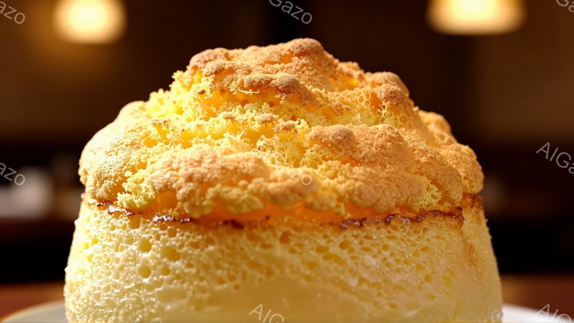 ふわふわとしたチーズケーキが画面中央に大きく写っている。表面はこんがりと焼き色がつき、細かい気泡が特徴的で、美味しそうな黄金色をしている。背景はぼかされており、暖かい光が差し込み、ケーキが引き立つように工夫されている。