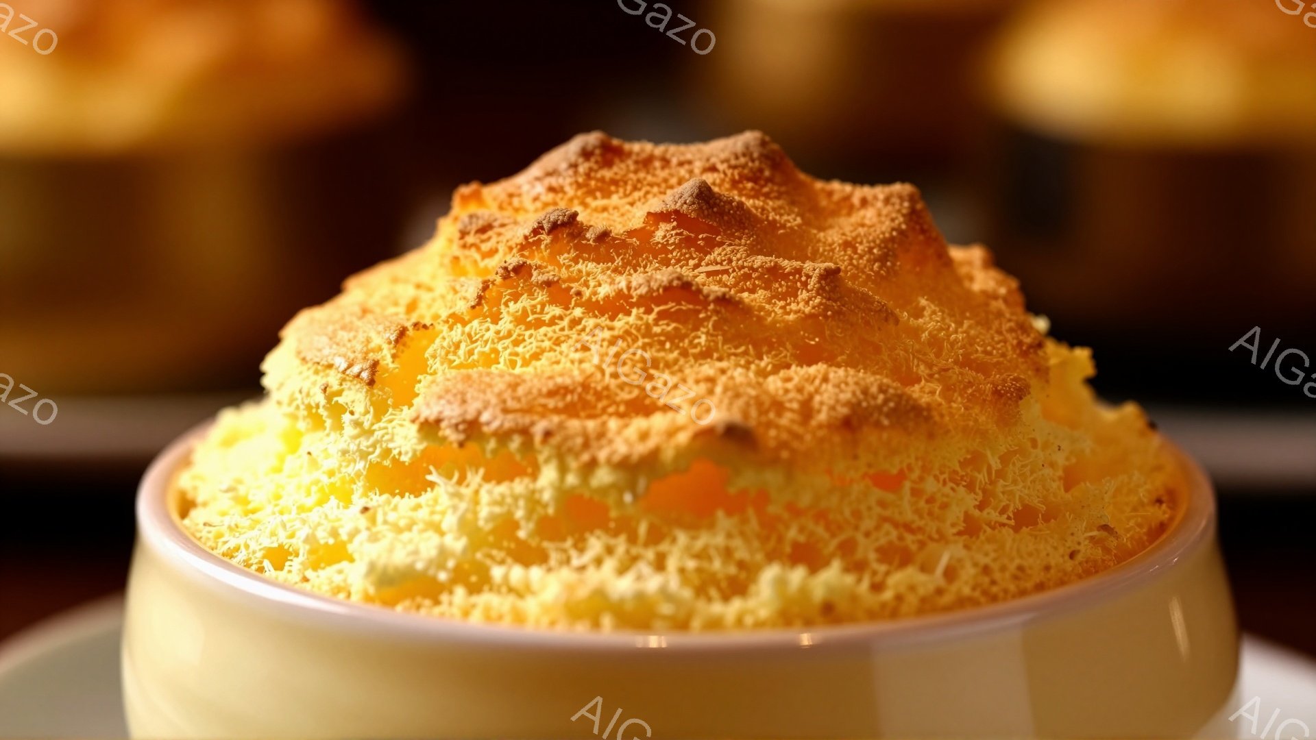 鮮やかな黄色の表面に焦げ目がついたクレームブリュレが、白い陶器の器の中に盛り付けられています。器は浅い円形で、背景にはぼんやりとした茶色の光が差し込み、温かみのある雰囲気を醸し出しています。表面のカラ - AI生成フリー素材