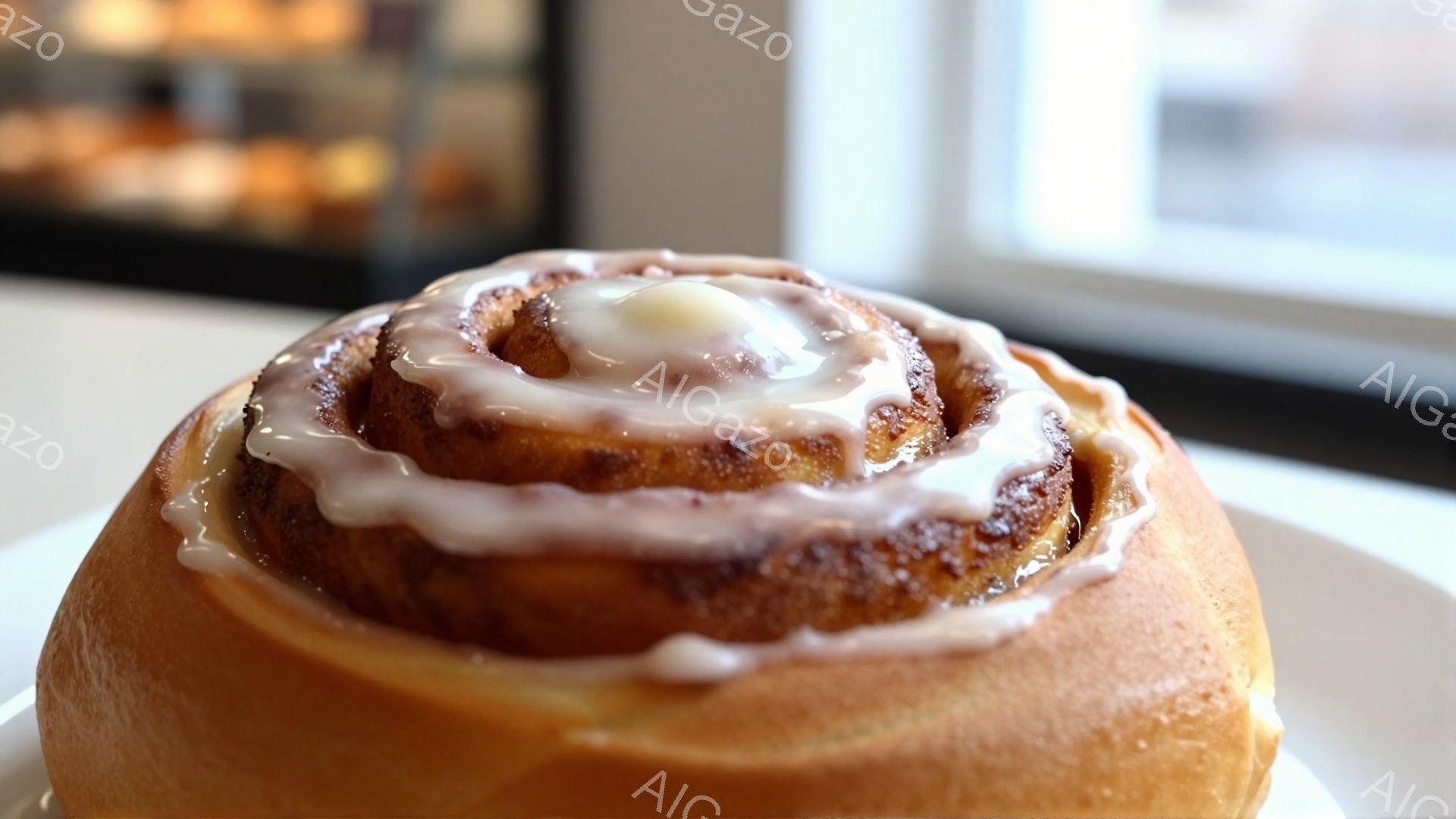 シナモンロールが画面いっぱいに大きく写っており、アイシングが渦巻き状にたっぷりとかかっているのが特徴的です。焼き色のついた生地はふっくらとしており、おいしそうな香りが伝わってくるようです。背景にはぼやけたショーケースが見え、カフェのような明るい雰囲気を感じさせます。