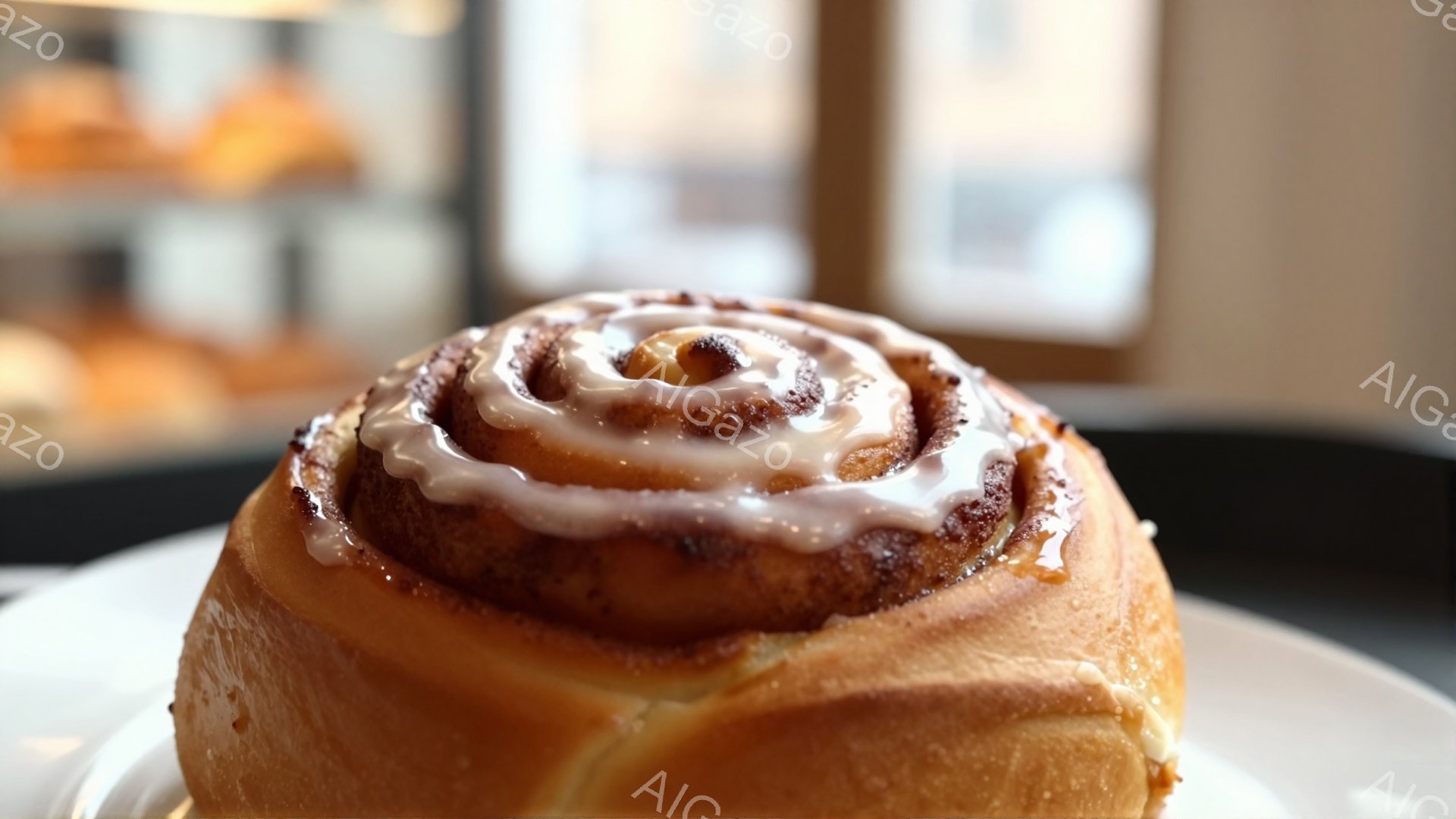 焼き立てのシナモンロールが、白い皿の上に大きくどーんと置かれている。アイシングがたっぷりとかけられ、焼き色が食欲をそそる。背景にはぼやけたショーケースが見え、パン屋の店内であることがわかる。