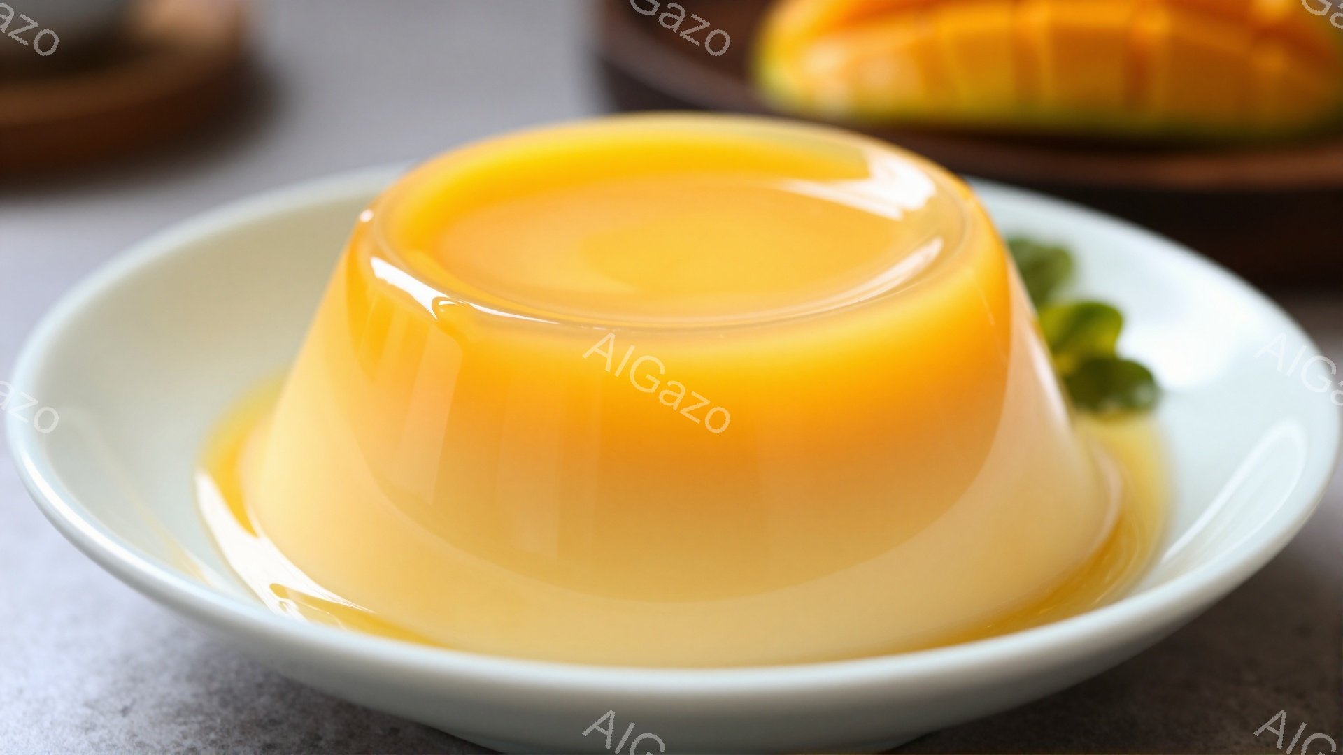 白い皿に、鮮やかなオレンジ色のプリンが盛り付けられています。背景には、マンゴーのスライスがぼんやりと見え、明るい光の中で、甘くて美味しそうな雰囲気を醸し出しています。プリンの表面は滑らかで、光沢があり、食欲をそそる様子が伝わってきます。