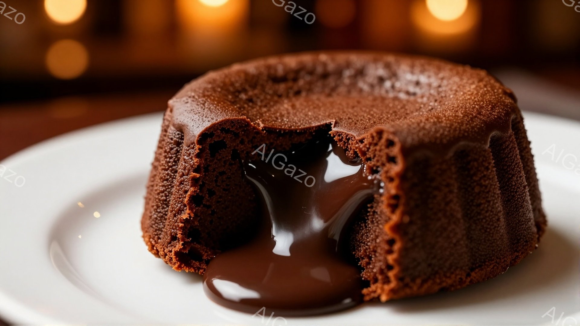 白い皿に、中心から溶け出したチョコレートが流れ出す、温かいチョコレートケーキが載っています。ケーキは茶色く、表面にはほのかな焼き色がついており、ふっくらとした形をしています。背景はぼかされており、温か - AI生成フリー素材