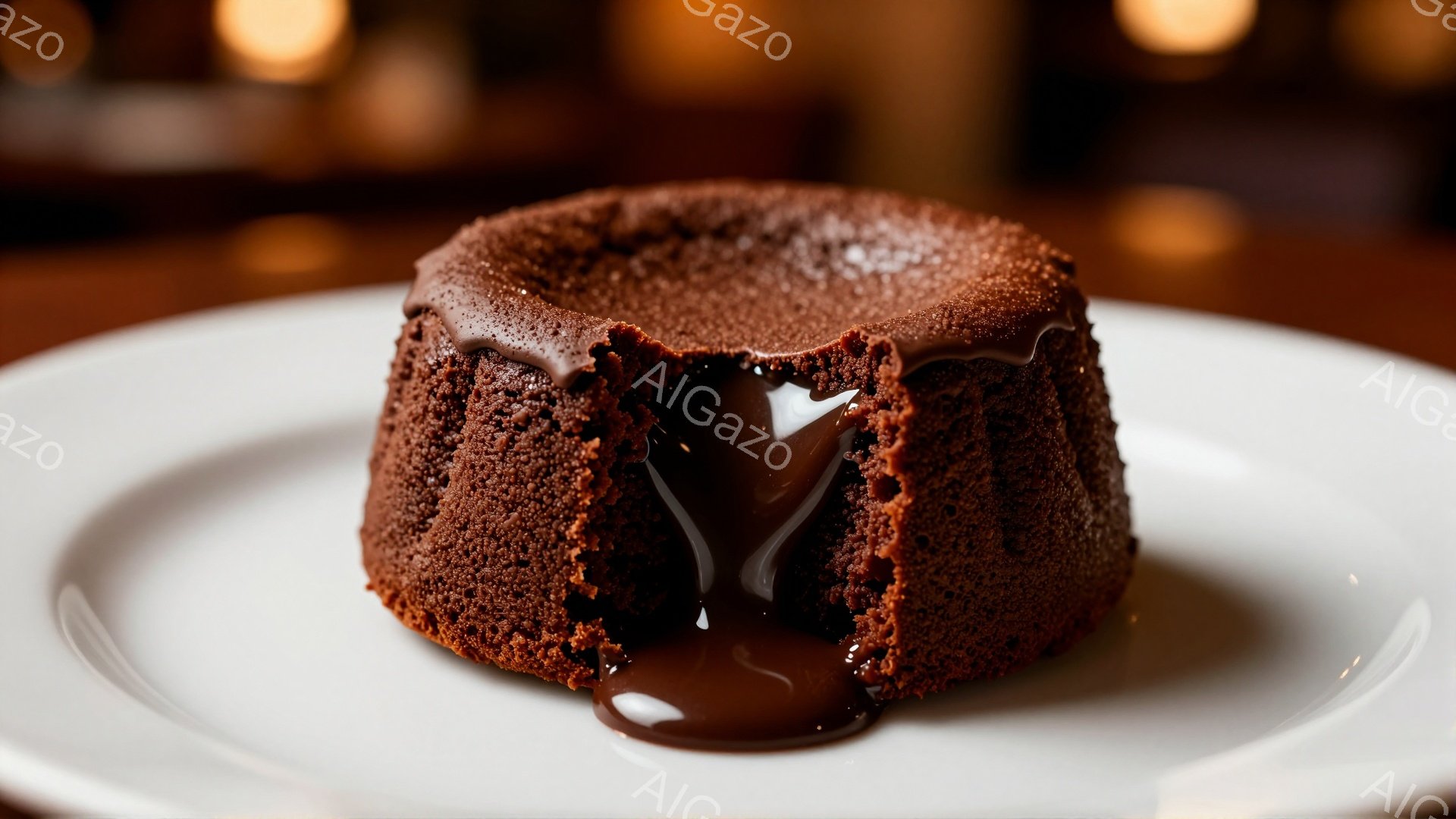 チョコレートフォンデュのような、温かいチョコレートケーキが白い皿に置かれている。ケーキは表面が少し焦げた茶色で、中から溶けたチョコレートが流れ出ている様子が捉えられている。背景はぼやけており、落ち着い - AI生成フリー素材