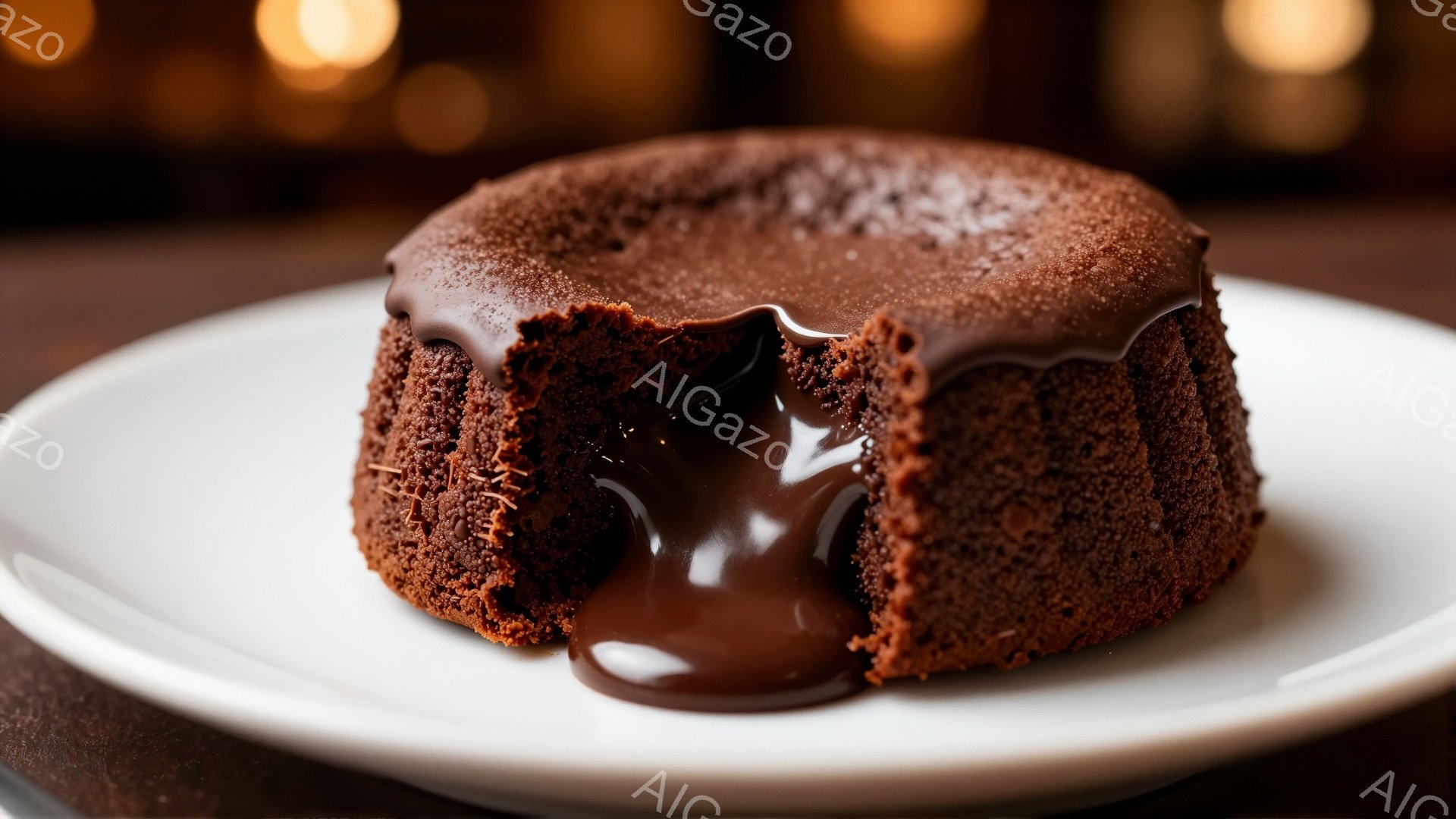 チョコレートフォンデュのような、温かいチョコレートケーキが白い皿に載っています。ケーキは中から溶けたチョコレートが流れ出し、その表面は少し焦げたような茶色をしており、美味しさを強調しています。背景はぼ - AI生成フリー素材