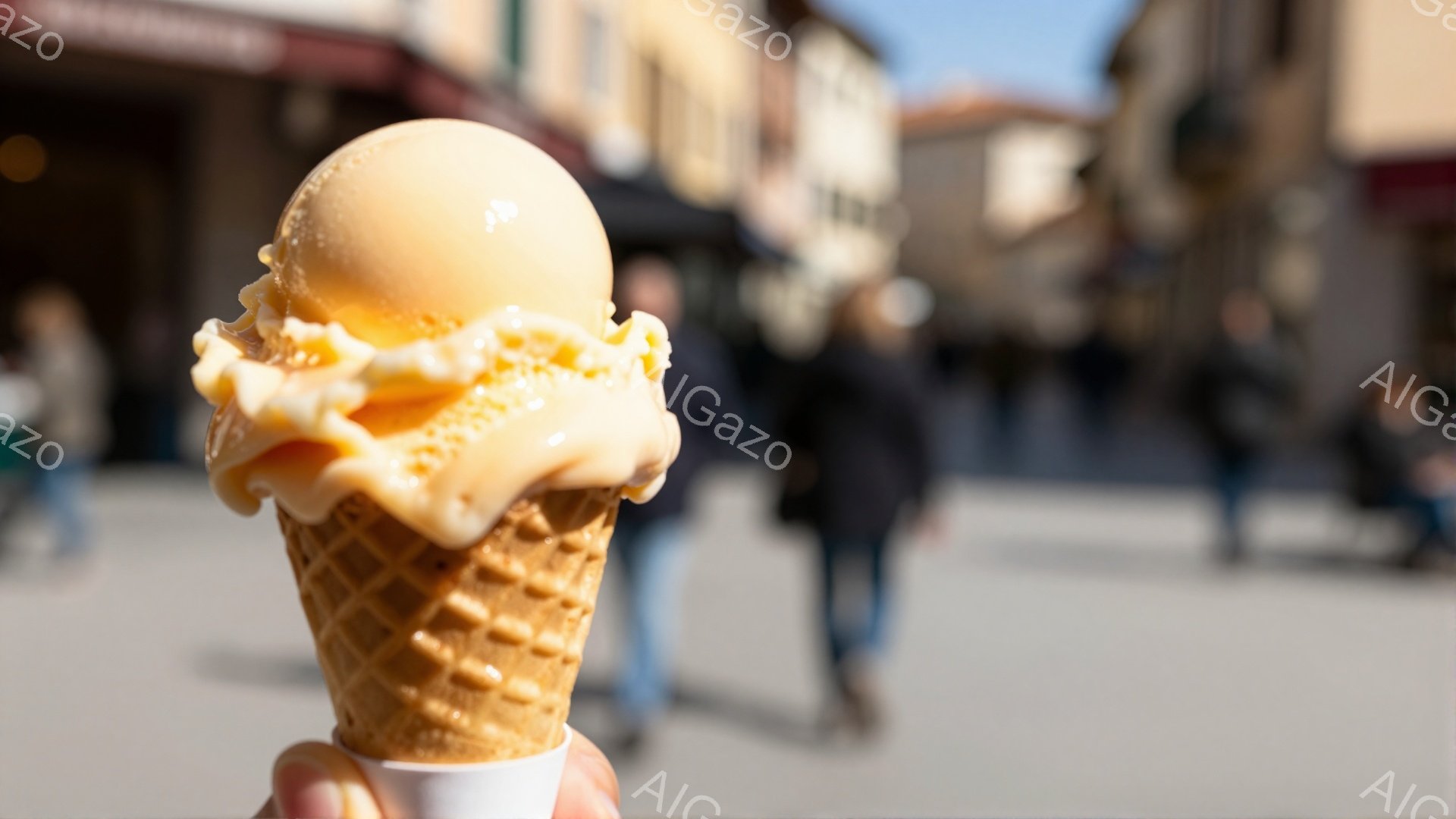 鮮やかなオレンジ色のソフトクリームが、ワッフルのコーンに乗って手前に大きく構えられている。背景には石畳の道と、ぼやけた人々の姿、そしてヨーロッパ風の建物が見え、晴れた日の穏やかな雰囲気が漂っている。ソフトクリームは光を浴びて艶やかに輝き、甘くて美味しい夏の思い出を彷彿とさせる。