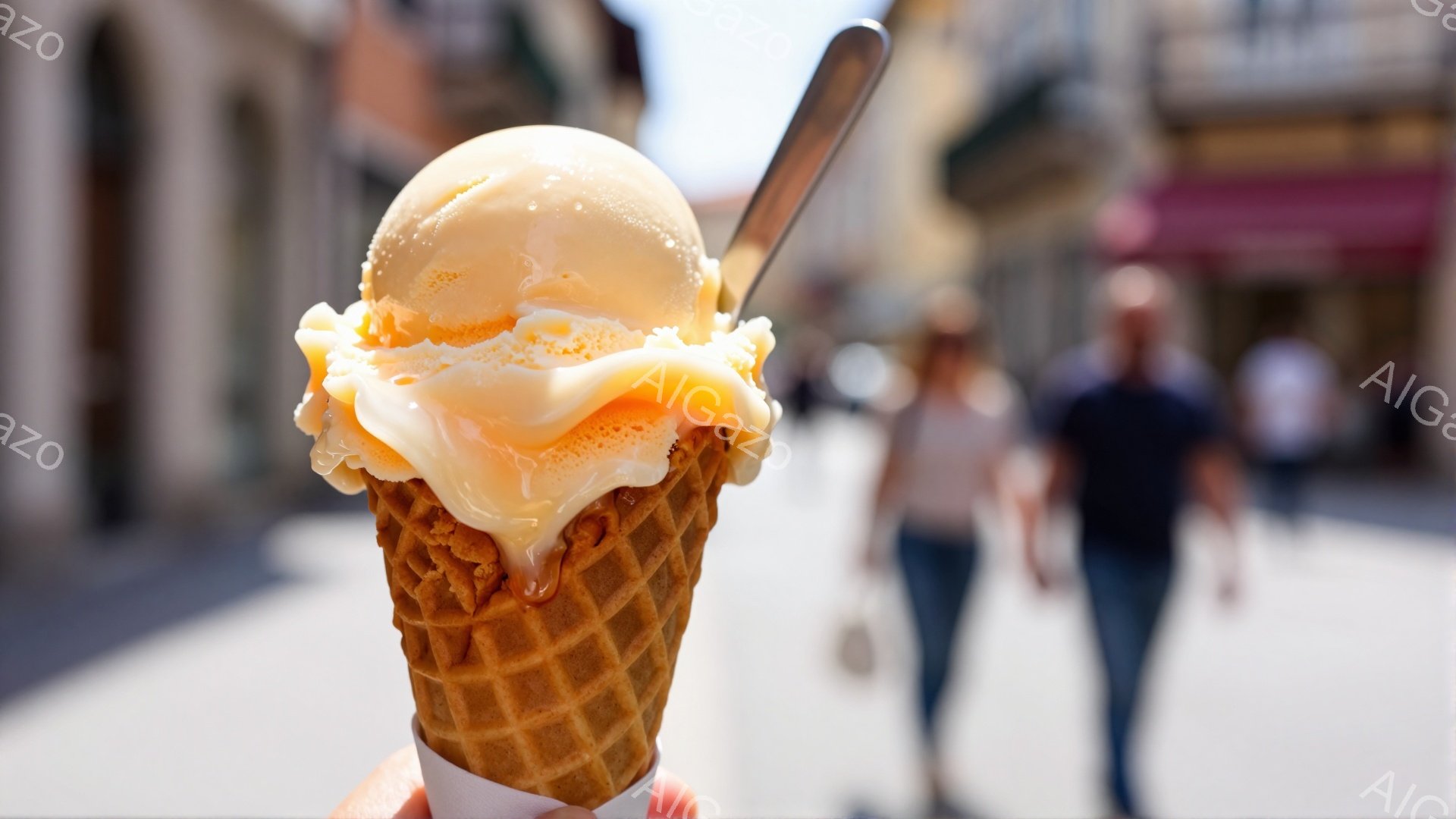 太陽の光が降り注ぐ石畳の道沿いで、コーンに乗ったアイスクリームが手前に大きく構えている。アイスクリームは優しいオレンジ色とクリーム色で、溶け出し始めている様子が伺える。背景にはぼやけた人影と、石造りの建物が見え、穏やかで夏の日の雰囲気が漂っている。