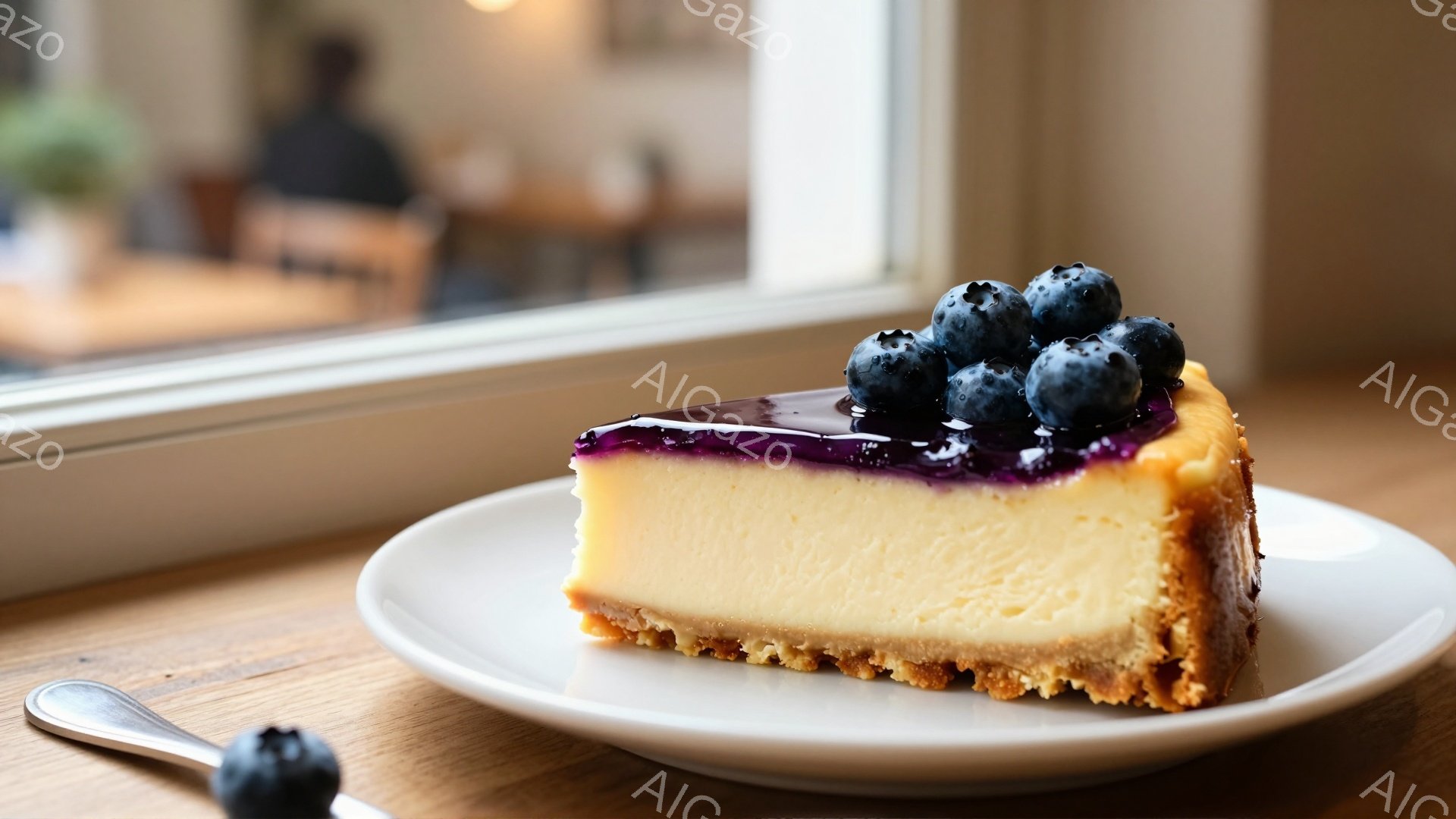 白い皿の上に、ブルーベリーと紫色のソースがかかったチーズケーキのスライスが置かれています。ケーキは黄金色のクランブルの土台があり、クリームチーズの層がふっくらと盛り上がっています。背景にはぼやけた窓と、レストランのような空間が見え、温かく落ち着いた雰囲気が漂っています。