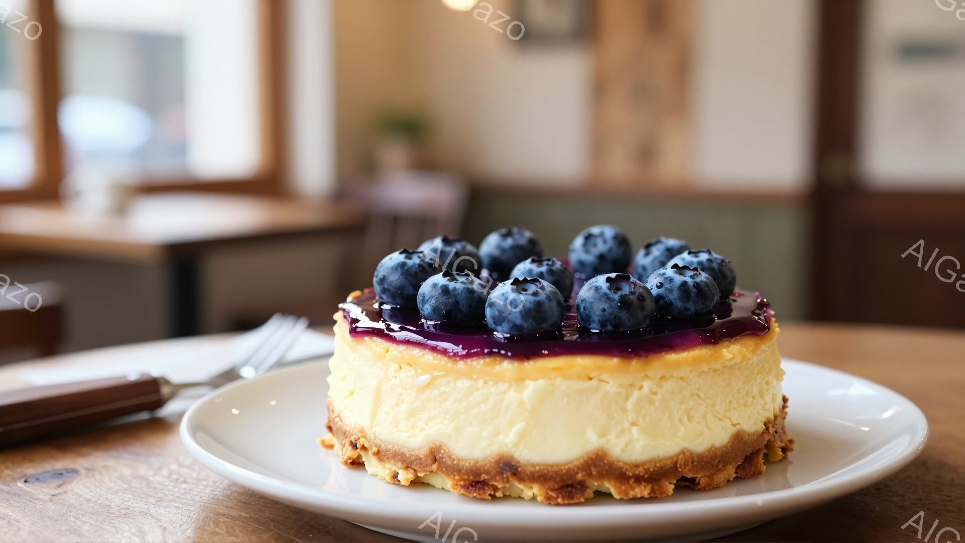 焼き色のついたクラストの上に、滑らかでクリーミーなチーズケーキが乗っています。ケーキの上には、艶やかなブルーベリーソースと新鮮なブルーベリーが飾られています。背景にはぼやけた室内が写っており、暖かく落ち着いた雰囲気が漂っています。
