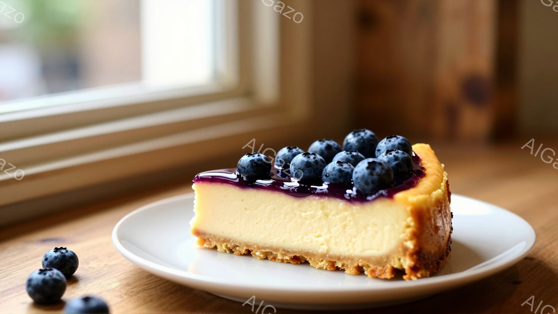 白い皿にカットされたチーズケーキが載っており、紫色のベリーソースと新鮮なブルーベリーがトッピングされている。ケーキのベースは黄金色のクッキー生地で、全体的に明るく美味しそうな印象を与える。背景は木製のテーブルとぼやけた窓で、室内で穏やかな雰囲気が漂っている。