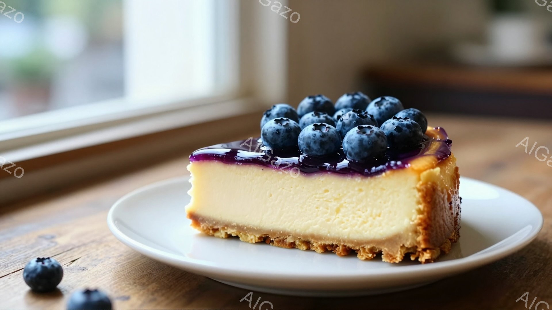 焼き立てのチーズケーキのスライスが、白い皿に盛り付けられています。紫色のベリーソースが濃厚にかかっており、その上に丸いブルーベリーがぎっしりと並んでいます。背景は木製のテーブルで、窓からの自然光が差し込み、温かく優しい雰囲気を醸し出しています。