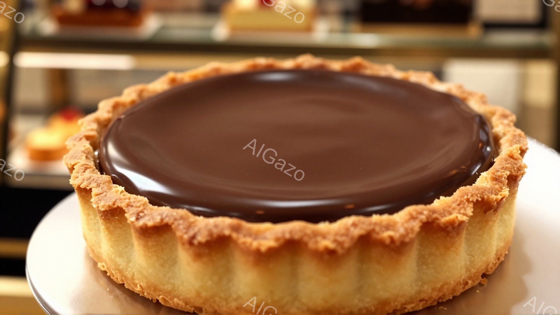 チョコレートのタルトが、白い台座の上に置かれています。タルト生地は焼き色がついており、表面は艶やかなチョコレートで覆われています。背景には、ぼやけた他のペストリーが見え、カフェやパティスリーのショーケース内である様子が伺えます。
