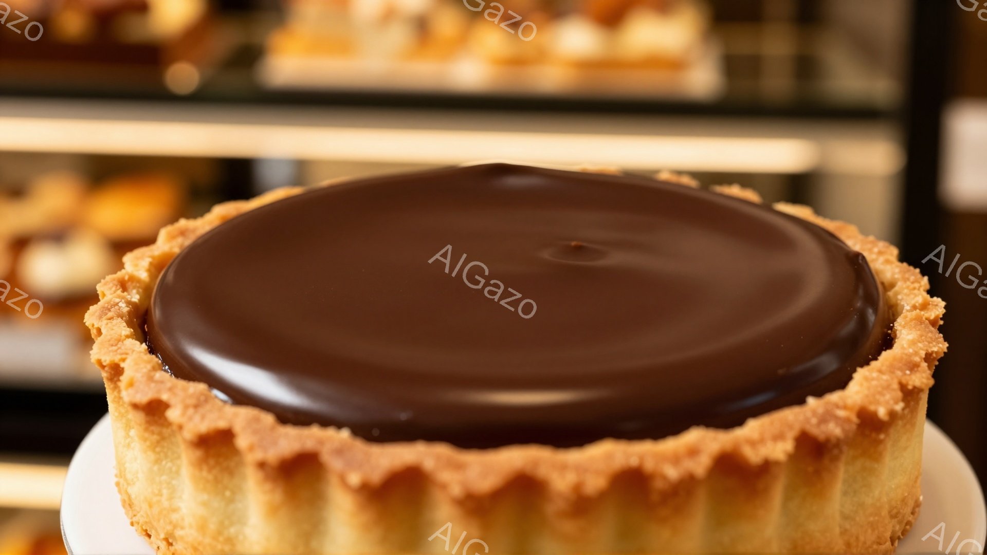 チョコレートガナッシュが輝く、タルトが焦点に当てられています。サクサクとしたタルト生地は黄金色で、濃厚なチョコレートの表面とのコントラストが美しいです。背景には他の焼き菓子のぼやけた様子が見え、パン屋やカフェのような雰囲気を感じさせます。