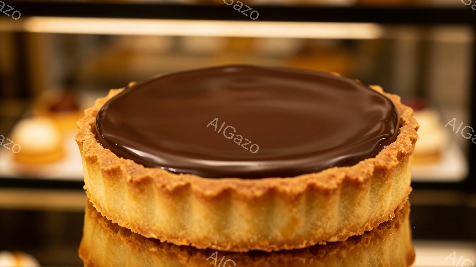 チョコレートのタルトが、照り輝くグロスのような表面で中央に大きく配置されている。タルト生地は黄金色で、繊細な波打ち模様が特徴的であり、光沢のあるチョコレートクリームが綺麗に流し込まれている。背景には他の焼き菓子がぼんやりと見え、ショーケース内での撮影であることがわかる。