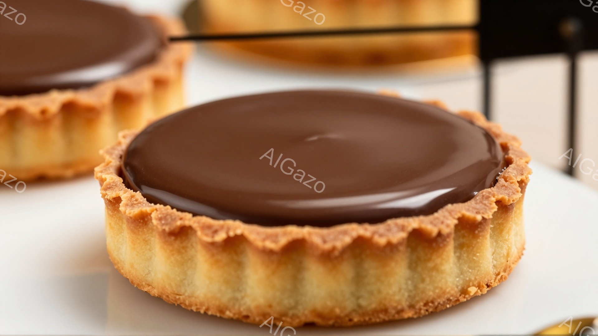 画像は、チョコレートの表面が滑らかで光沢のあるタルト２つが白い皿の上に置かれたクローズアップ写真です。タルトの生地は、金茶色でサクサクした食感が想像でき、縁の部分には美しいギザギザの模様があります。背景はぼやけており、皿とタルトに焦点が当たっており、美味しそうな雰囲気を醸し出しています。