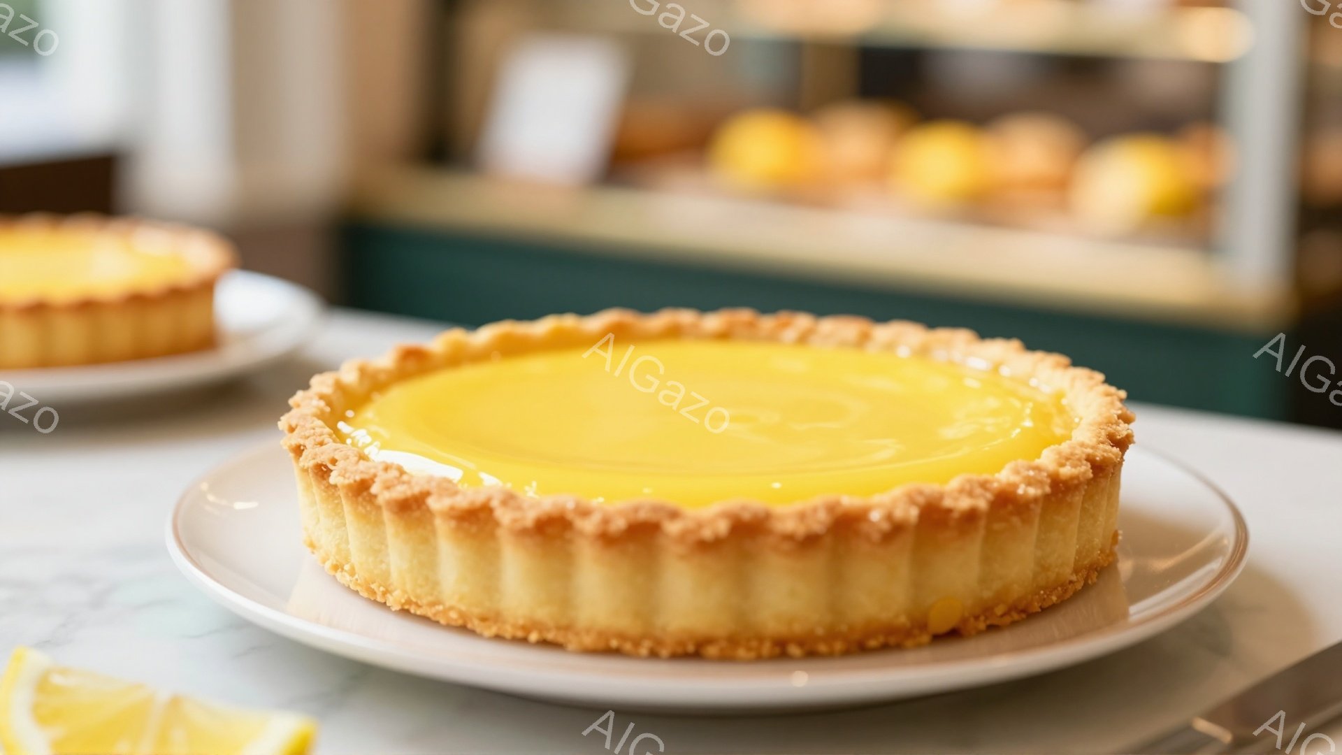 鮮やかなレモンタルトが白い皿に載せられ、焦げ目のついたサクサクのタルト生地と、なめらかで光沢のあるレモンカスタードが特徴的です。背景には、他の焼き菓子が並んだショーケースが見え、明るく清潔なベーカリーの雰囲気を示しています。レモンピールが添えられており、爽やかな風味を想像させます。