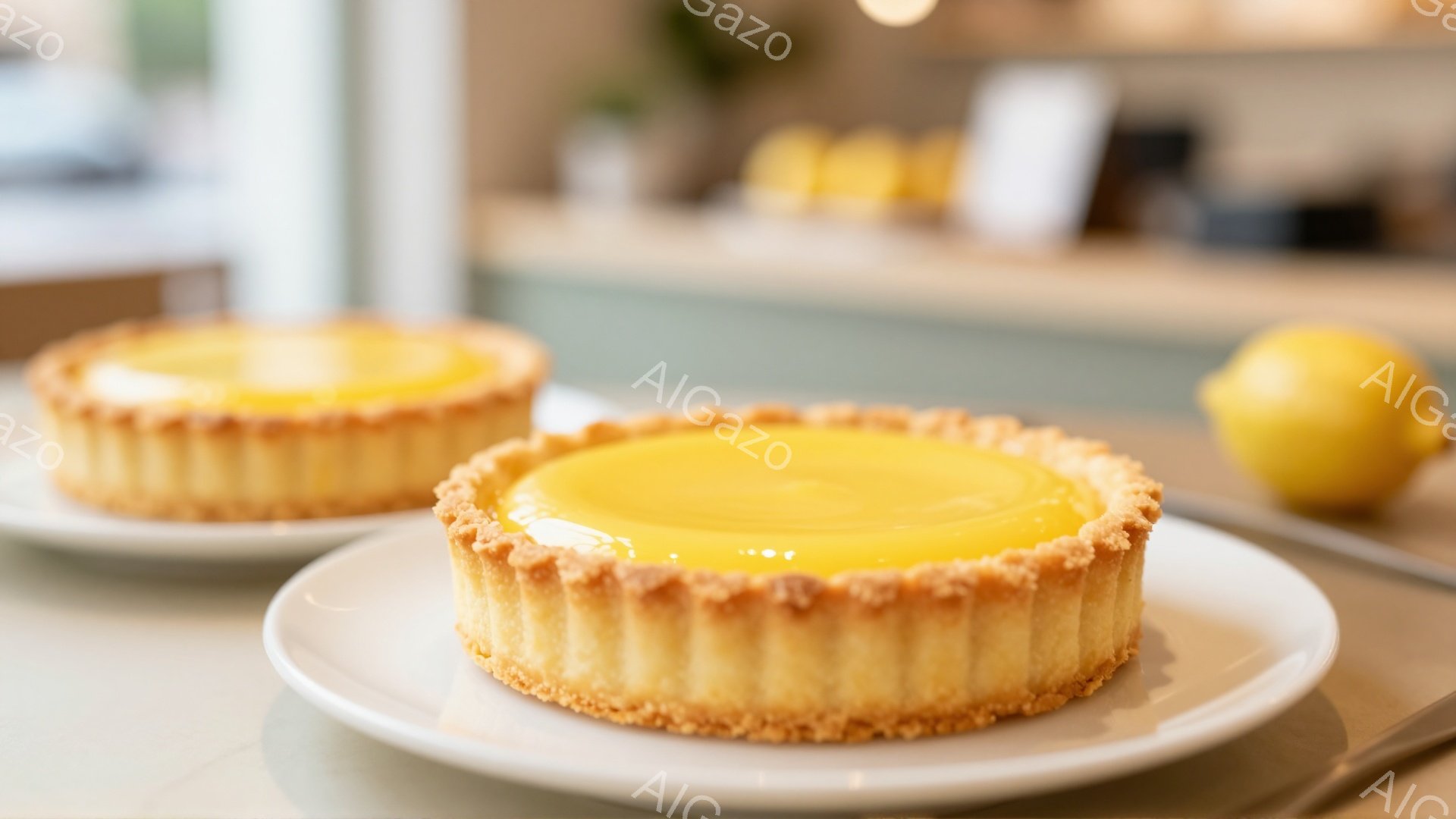 白い皿の上に、レモン風味のタルトが二つ並んでいる。タルトの生地は黄金色でサクサクとしており、表面には滑らかなレモンカスタードが輝いている。背景はぼやけており、明るいキッチンや自然光が差し込む様子がうかがえる。