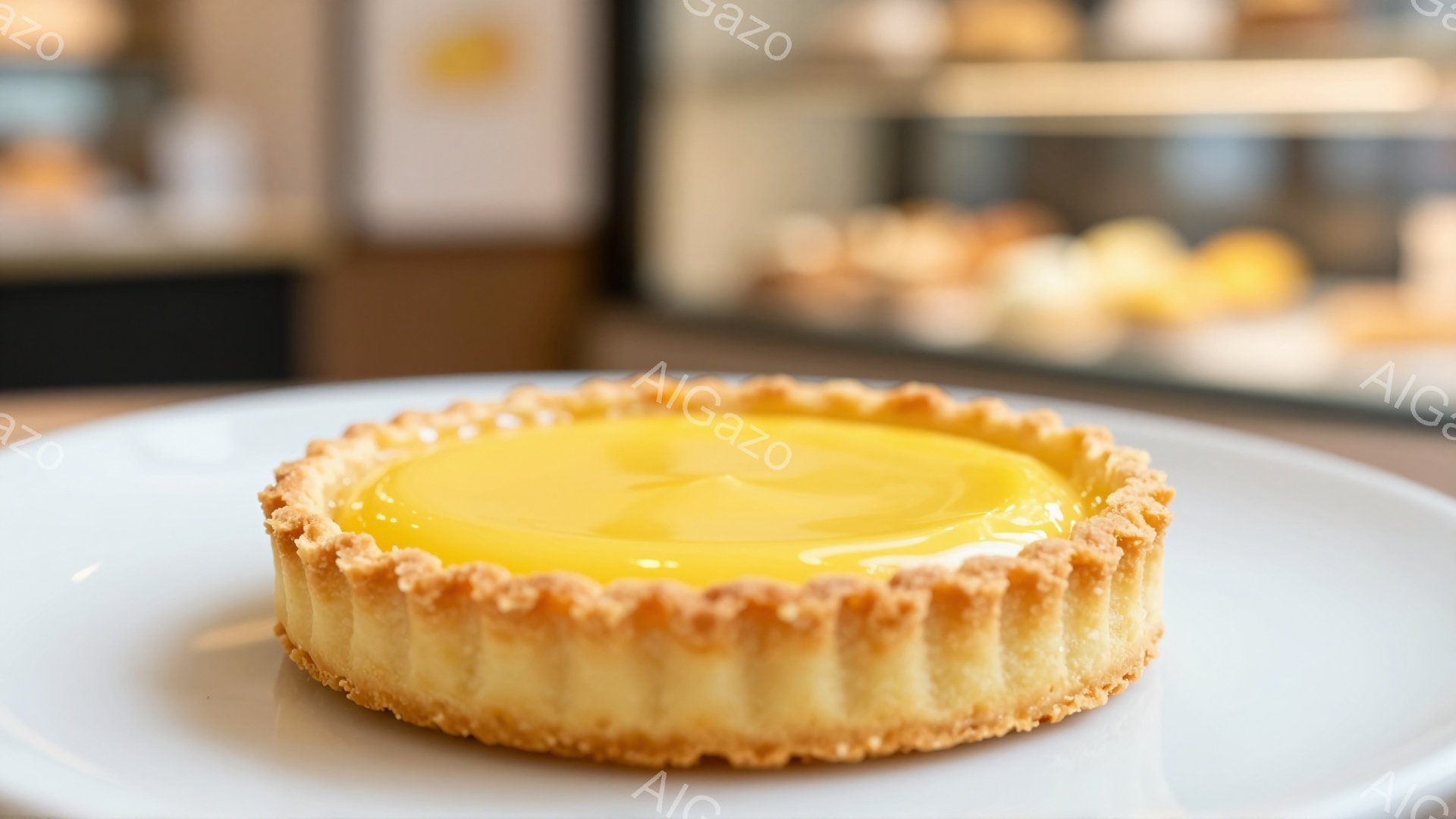 白い皿の上に、鮮やかな黄色のカスタードクリームが詰まったタルトが置かれています。タルト生地はサクサクとした食感で、表面は黄金色に輝いています。背景には、ぼやけたショーケースと他の焼き菓子が見え、カフェ - AI生成フリー素材