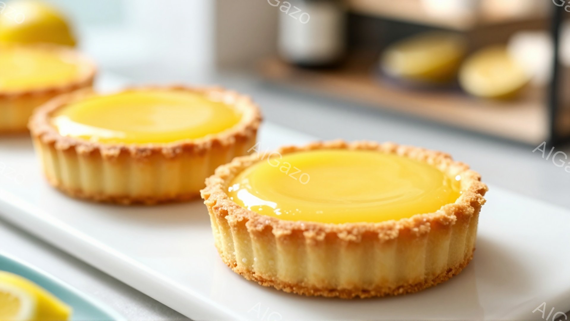 白い長方形の皿の上に、レモン風味のタルトが2つ並んでいる。タルト生地は黄金色でサクサクとした食感を想像させ、輝くレモンカスタードが美しく注がれている。背景には、ぼやけたレモンと、他のタルトがわずかに見え、明るく爽やかな雰囲気を醸し出している。