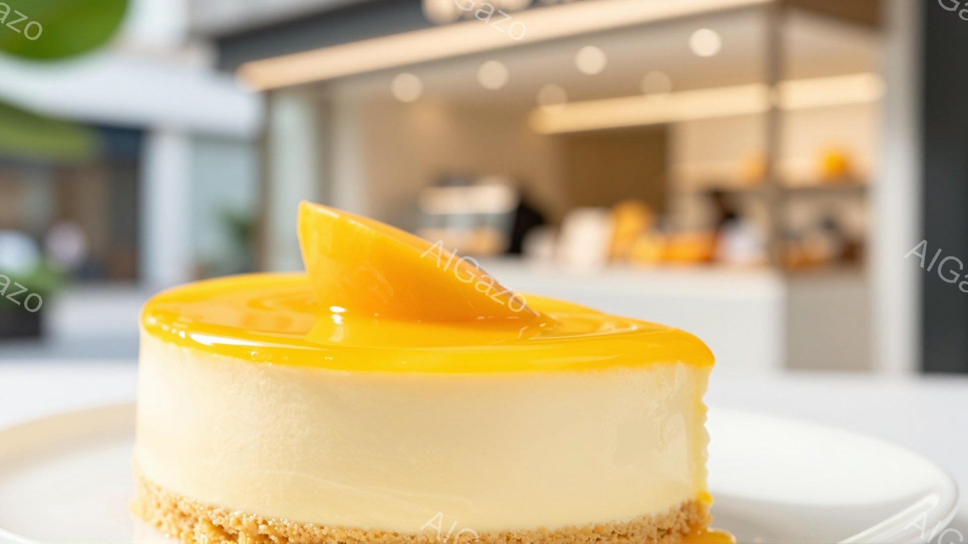 鮮やかなオレンジ色のゼリーが乗った、美しい円形のチーズケーキが白い皿の上に置かれています。ケーキはサクサクしたクラストの上に、なめらかでクリーミーなクリームチーズの層が重ねられ、全体的に上品な印象を与えます。背景にはぼやけた店内の様子が見え、明るい光がケーキを照らし、食欲をそそる雰囲気を醸し出しています。