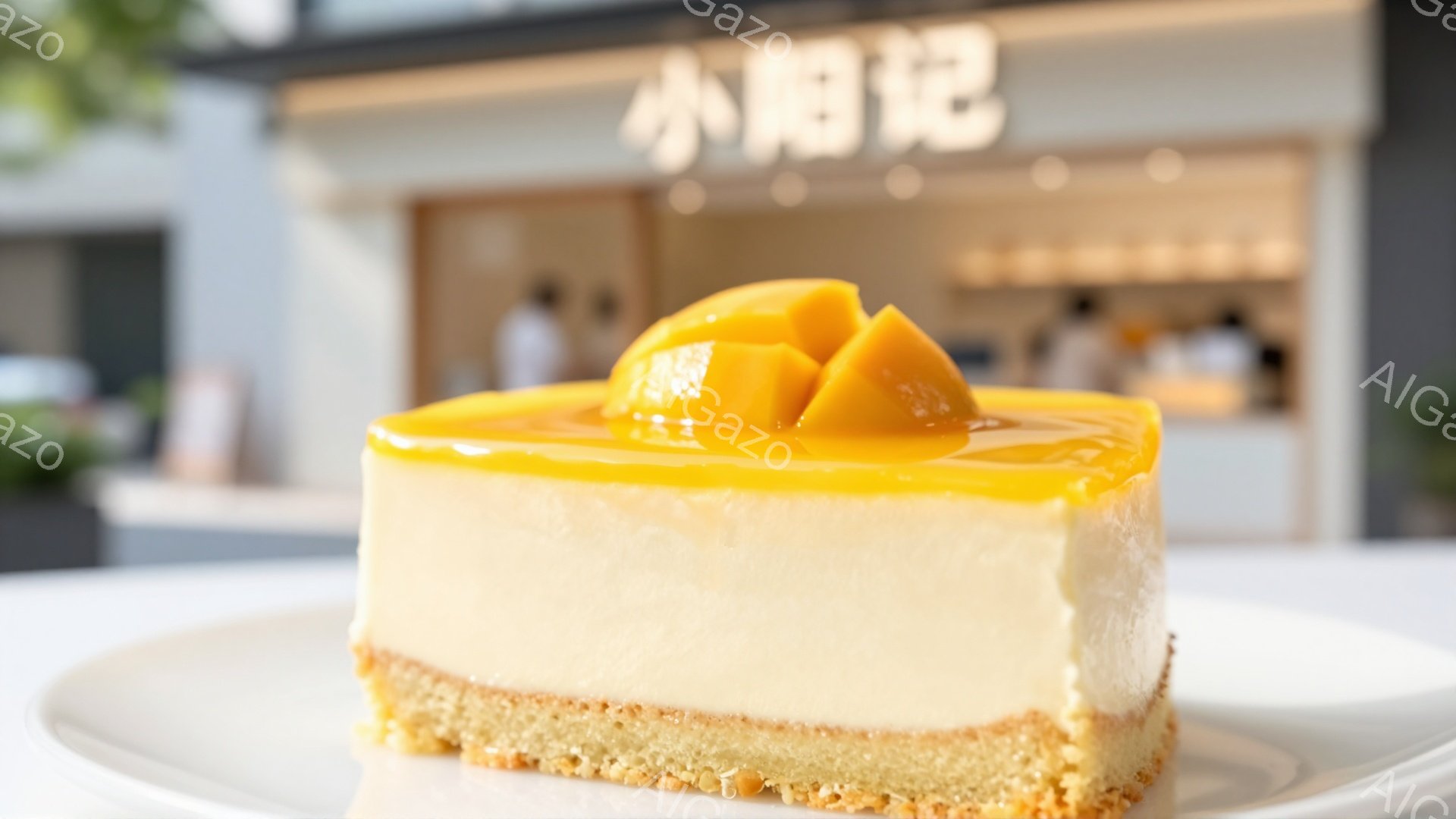 見た目の鮮やかなマンゴープリンのケーキが、白い皿に乗せられています。ケーキは、サクサクしたクラスト、クリーミーなマンゴー層、そして光沢のあるマンゴージェリーで覆われており、その上にはフレッシュなマンゴーのスライスが飾られています。背景にはぼやけた店舗が見え、明るく清潔な雰囲気を醸し出しています。