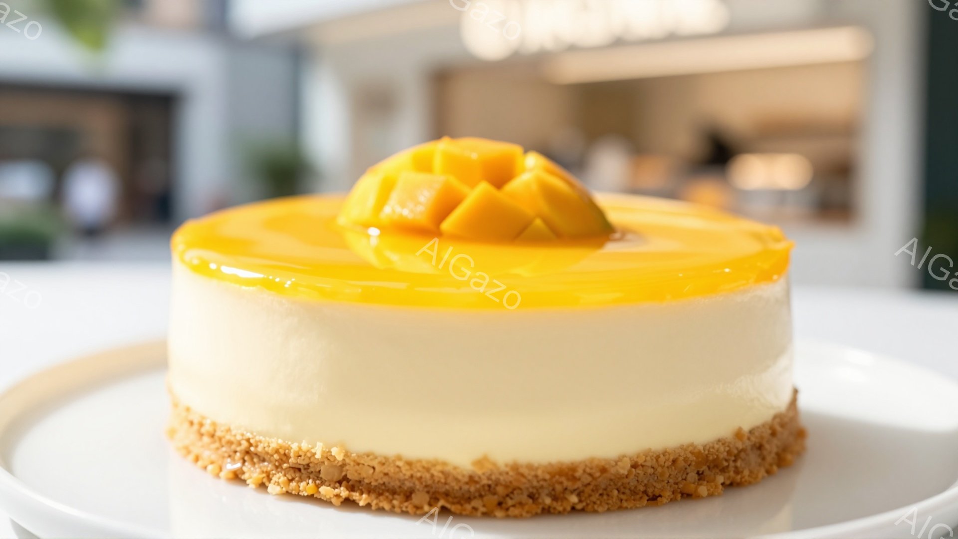 鮮やかな黄色のゼリーで覆われた、クリーム色のチーズケーキが描かれています。ケーキの側面には砕いたビスケットが敷き詰められており、ケーキの上部にはマンゴーのスライスが飾られています。背景はぼやけています - AI生成フリー素材