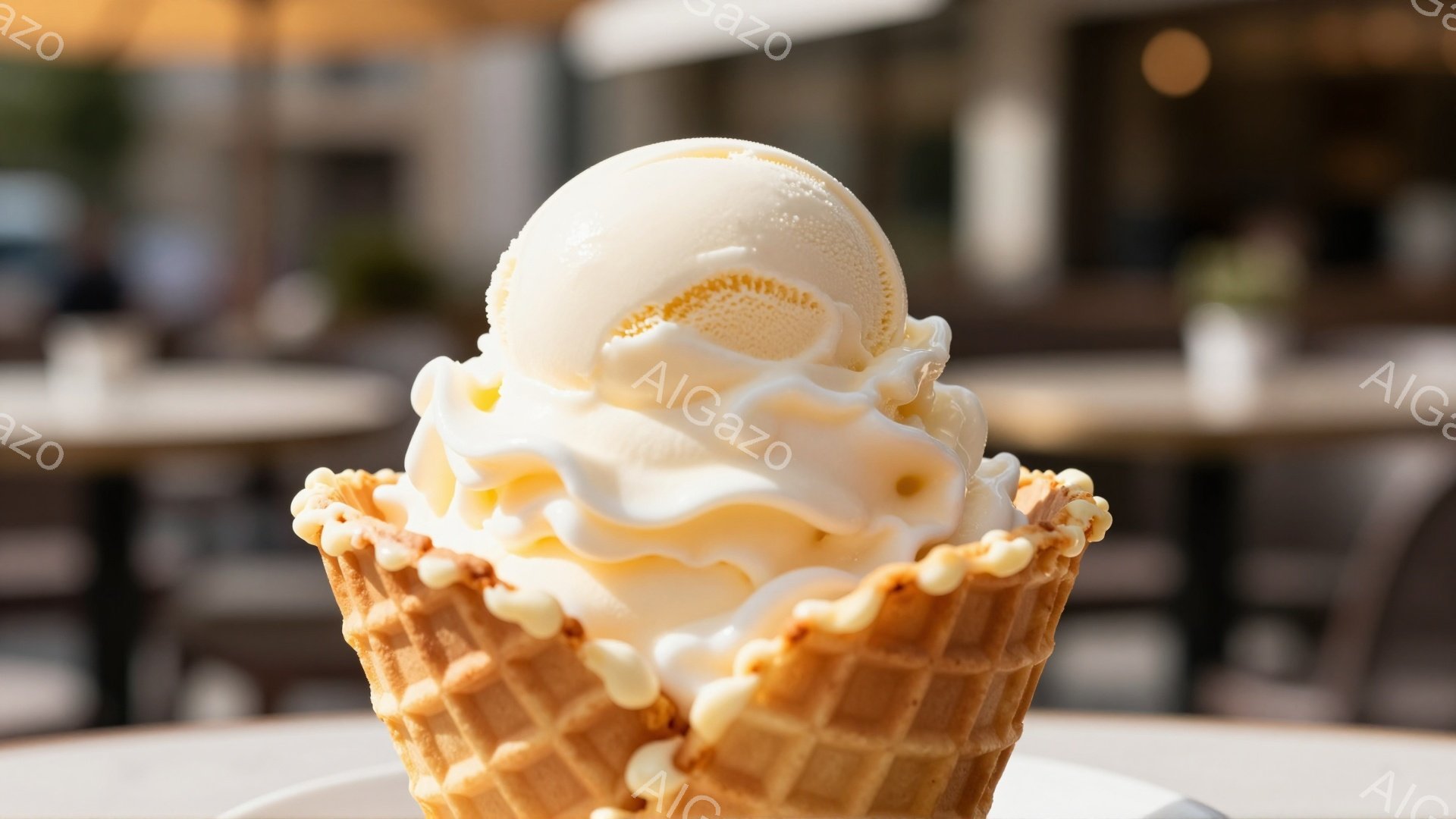 黄金色に輝くアイスクリームが、ワッフルのコーンにたっぷりと盛り付けられている。クリームはふっくらと高く、ところどころに小さな白い粒が散りばめられ、食欲をそそる様子が伝わる。背景はぼやけており、明るい日差しの下、テーブルの上に置かれたアイスクリームが際立っている。