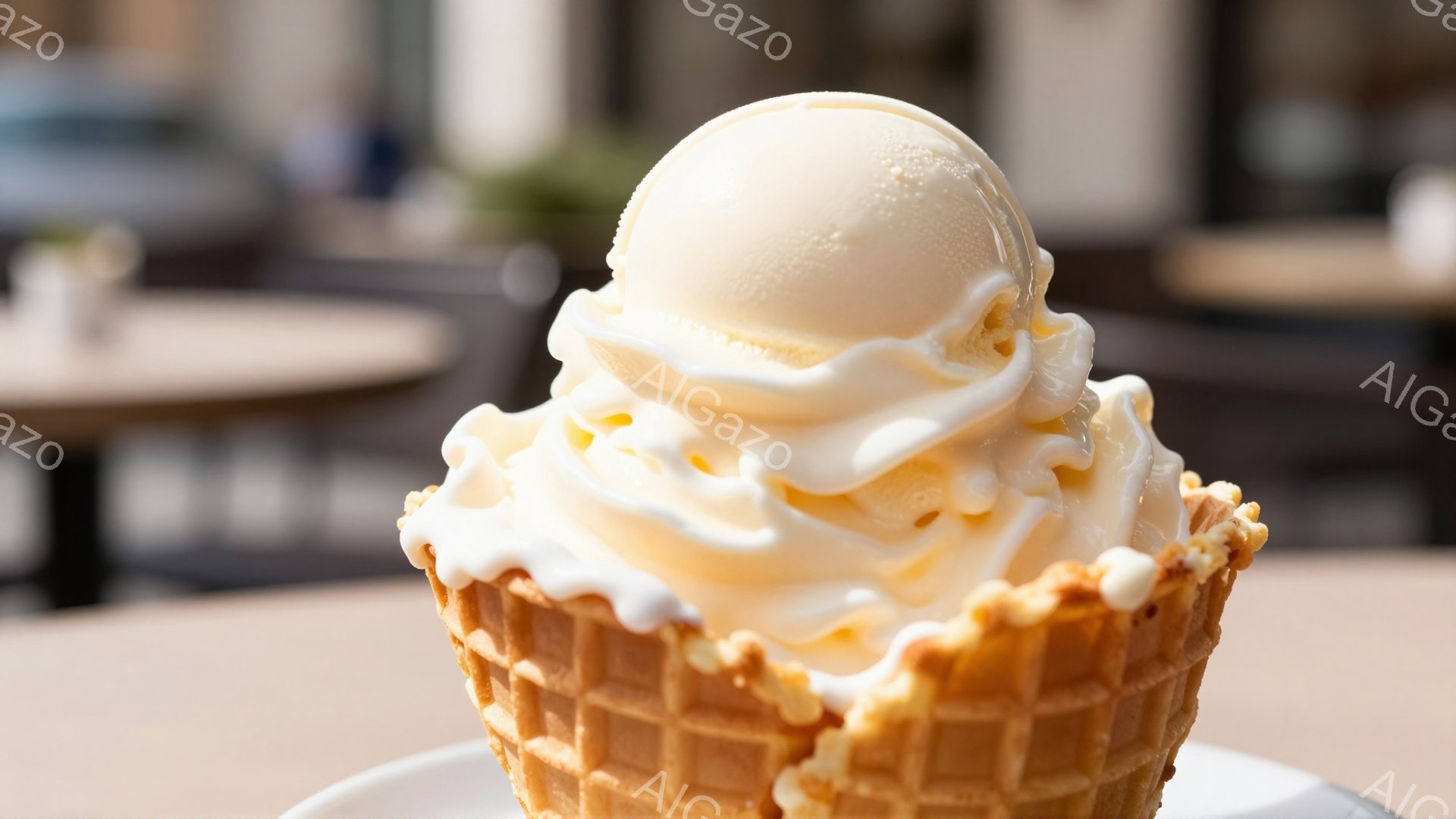 焼き立てのコーンに、バニラアイスクリームが美しく盛り付けられています。クリームはコーンの縁から流れ落ち、柔らかい光の中で甘く輝いています。背景にはぼやけたテーブルと椅子が見え、暖かく穏やかな雰囲気を醸し出しています。