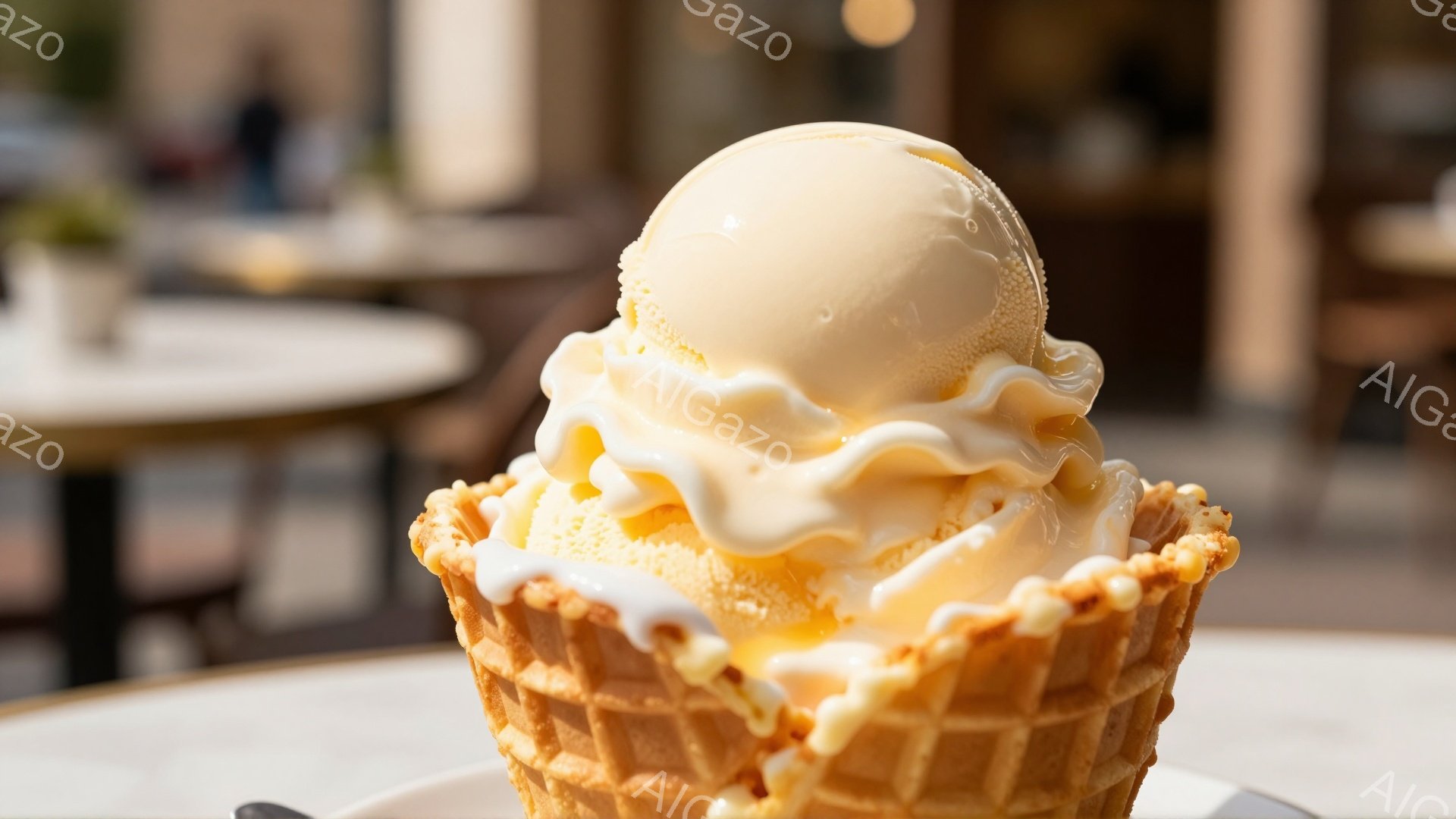 鮮やかなオレンジ色のワッフルコーンに、バニラアイスクリームが山のように盛り付けられています。アイスクリームは柔らかく溶け出し、コーンの縁に甘いソースが滴り落ちています。背景はぼやけていますが、テーブルと、建物の一部が見え、暖かく晴れた日のカフェのような雰囲気です。