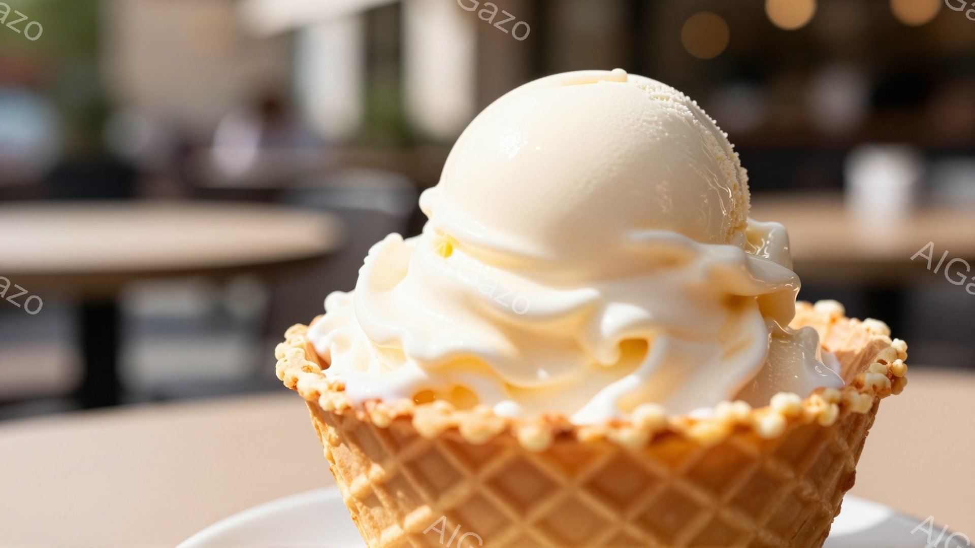 明るい光の中で、ワッフルのコーンに盛られたバニラアイスクリームが写っている。アイスクリームはふっくらとしており、コーンの網目模様とクリームの優しい色合いが美しいコントラストを作り出している。背景はぼやけており、テーブルと何人かの人物が見えるが、焦点はアイスクリームに集中し、甘くて穏やかな雰囲気を醸し出している。
