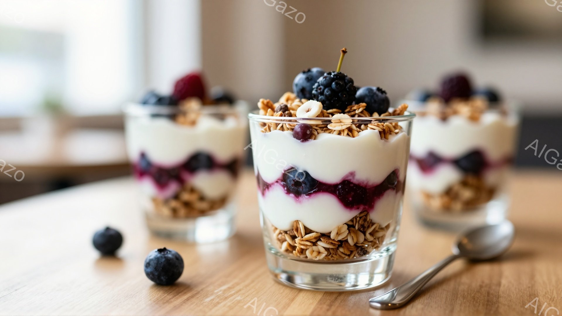 ガラスのグラスに、ヨーグルト、ベリーのジャム、そしてサクサクしたシリアルが層状に重ねられたデザートが3つ並べられています。背景は明るい木製のテーブルトップで、焦点の合わないグラスやスプーンが少し見えます。全体的に、健康的で美味しそうな朝食や軽食の雰囲気で、光が柔らかく当たり、食欲をそそります。