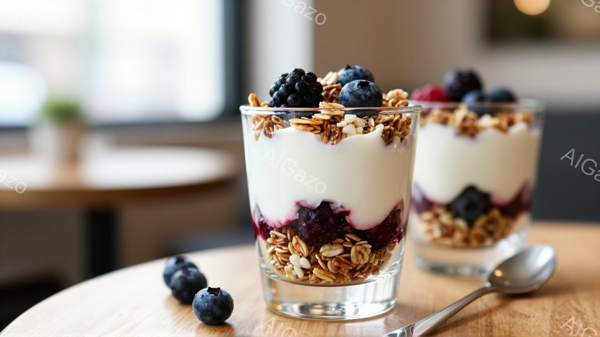 2つのグラスに入ったヨーグルトパフェが、木製のテーブルの上に置かれている。グラスの中には、ベリーのジャム、ヨーグルト、そしてグラノーラが層になっており、新鮮なブルーベリーとブラックベリーが飾られている。背景はぼやけており、テーブルと合わせて、落ち着いた雰囲気のカフェまたはキッチンを思わせる。