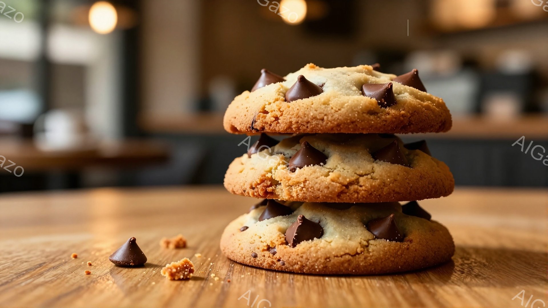 チョコレートチップクッキーが３枚重ねられており、木製のテーブルの上に置かれています。クッキーの周りには、砕けたクッキーの破片が散らばっており、美味しさを強調しています。背景は少しぼやけていますが、カフェのような店内であることがわかります。