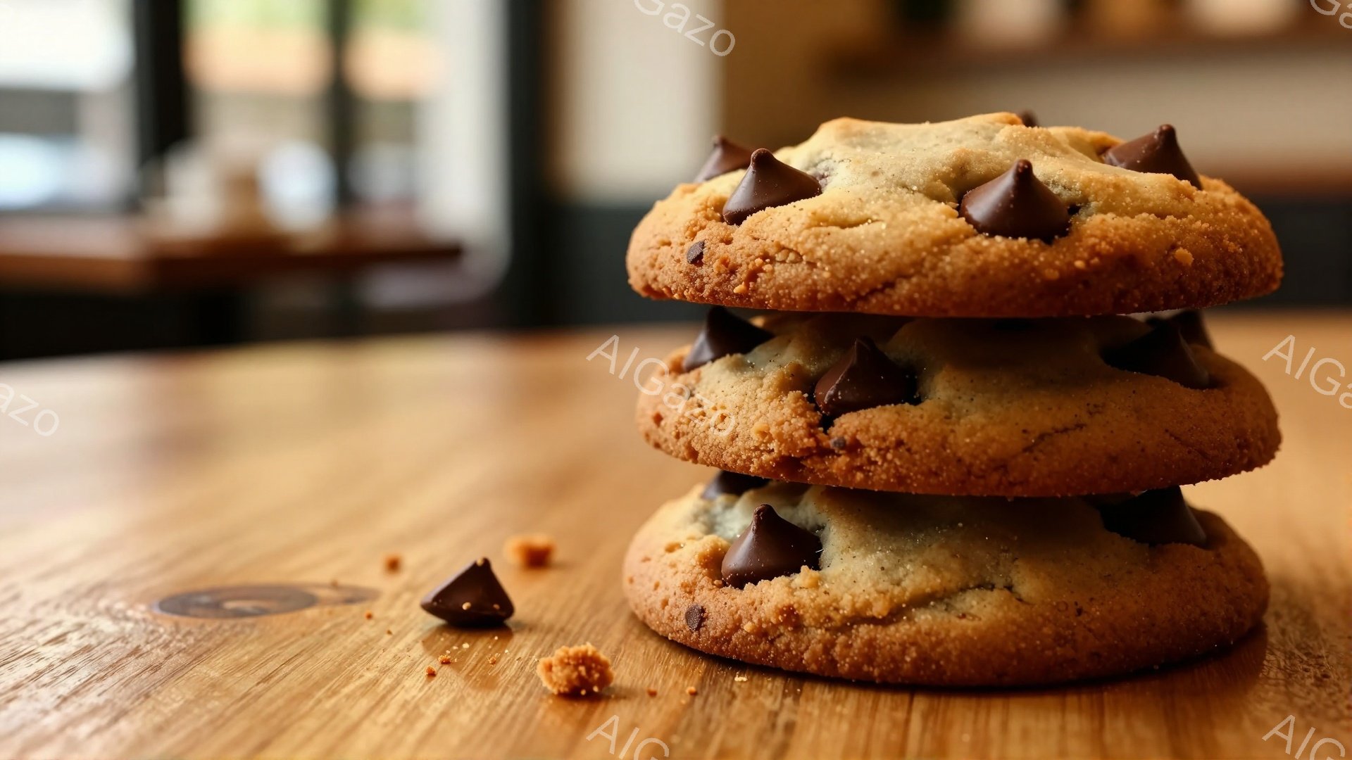 焼き色のついた3枚のチョコレートチップクッキーが木製のテーブルの上に積み重ねられています。クッキーの周りには、こぼれたチョコレートチップの破片と、クッキーの欠片が散らばっており、美味しさを強調しています。背景はぼやけていますが、テーブルと椅子が見え、温かみのある、居心地の良い雰囲気を醸し出しています。