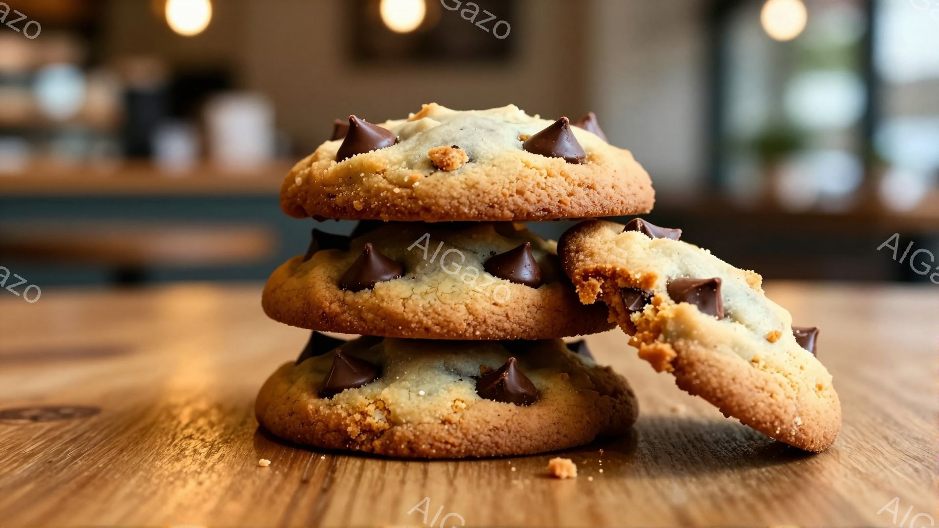 チョコレートチップクッキーが木製のテーブルの上に積み重ねられ、一部が崩れ落ちています。クッキーは黄金色で、表面には黒いチョコレートチップが散りばめられています。背景は少しぼやけており、暖色系の照明と木製の家具が見え、全体的に温かく、食欲をそそる雰囲気です。