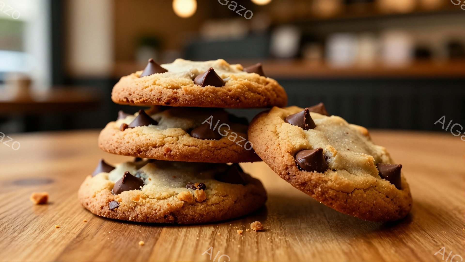 チョコレートチップクッキーが木製のテーブルの上に積み重ねられ、一部が崩れて散らばっている様子が写っている。クッキーは黄金色で、表面には溶けたチョコレートチップが散りばめられており、焼き立ての温かさを感じさせる。背景はぼやけているが、暖色の照明と木製のテーブルが、クッキーの美味しさを引き立てる柔らかな雰囲気を醸し出している。