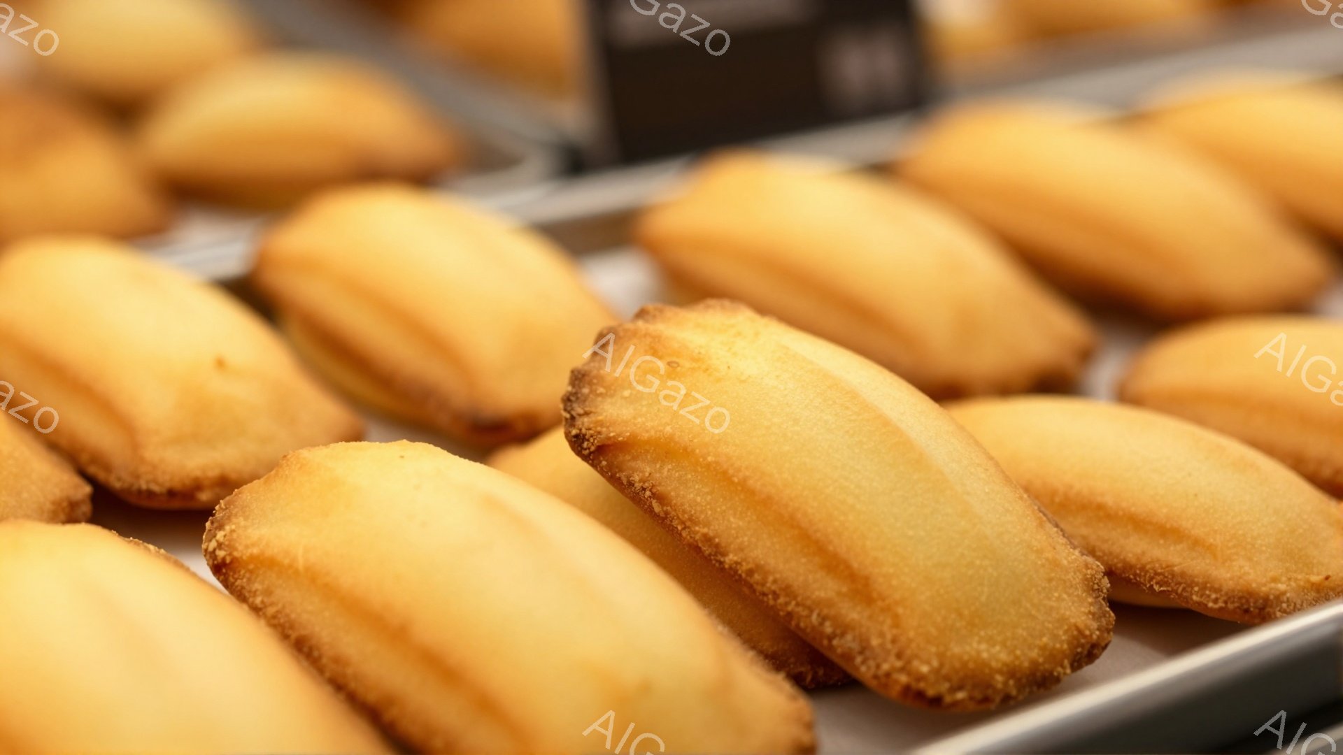 焼き色が美しいマドレーヌが金属製のトレイに並べられています。ふっくらとした形と、表面の細かいシワが食感を想像させます。背景はぼかされており、マドレーヌが際立って見えます。