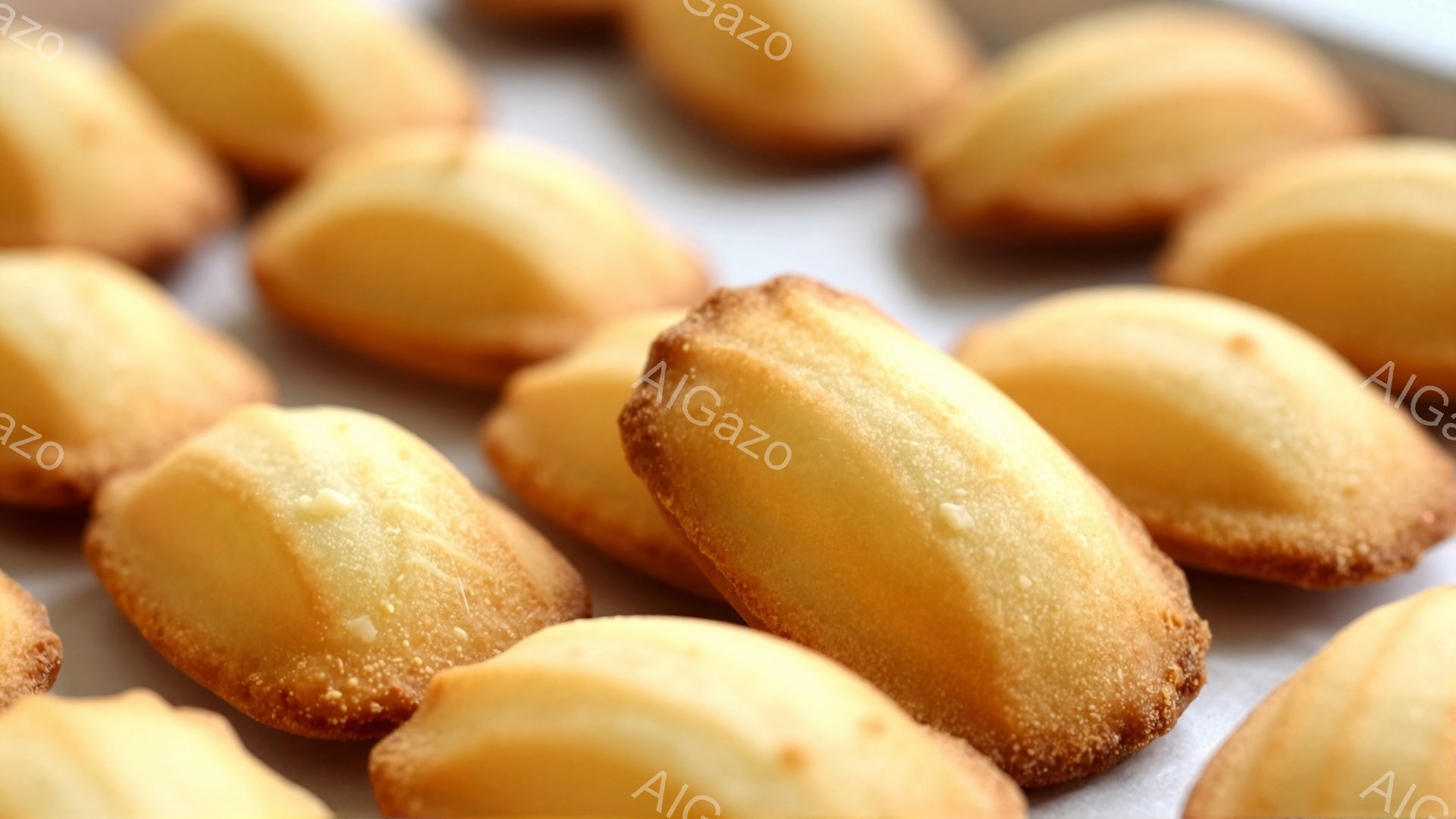 画像には、焼き上がったマドレーヌが並べられています。表面は黄金色で、ところどころに焦げ目がついており、美味しそうに見えます。背景は白いトレイで、マドレーヌが際立っています。