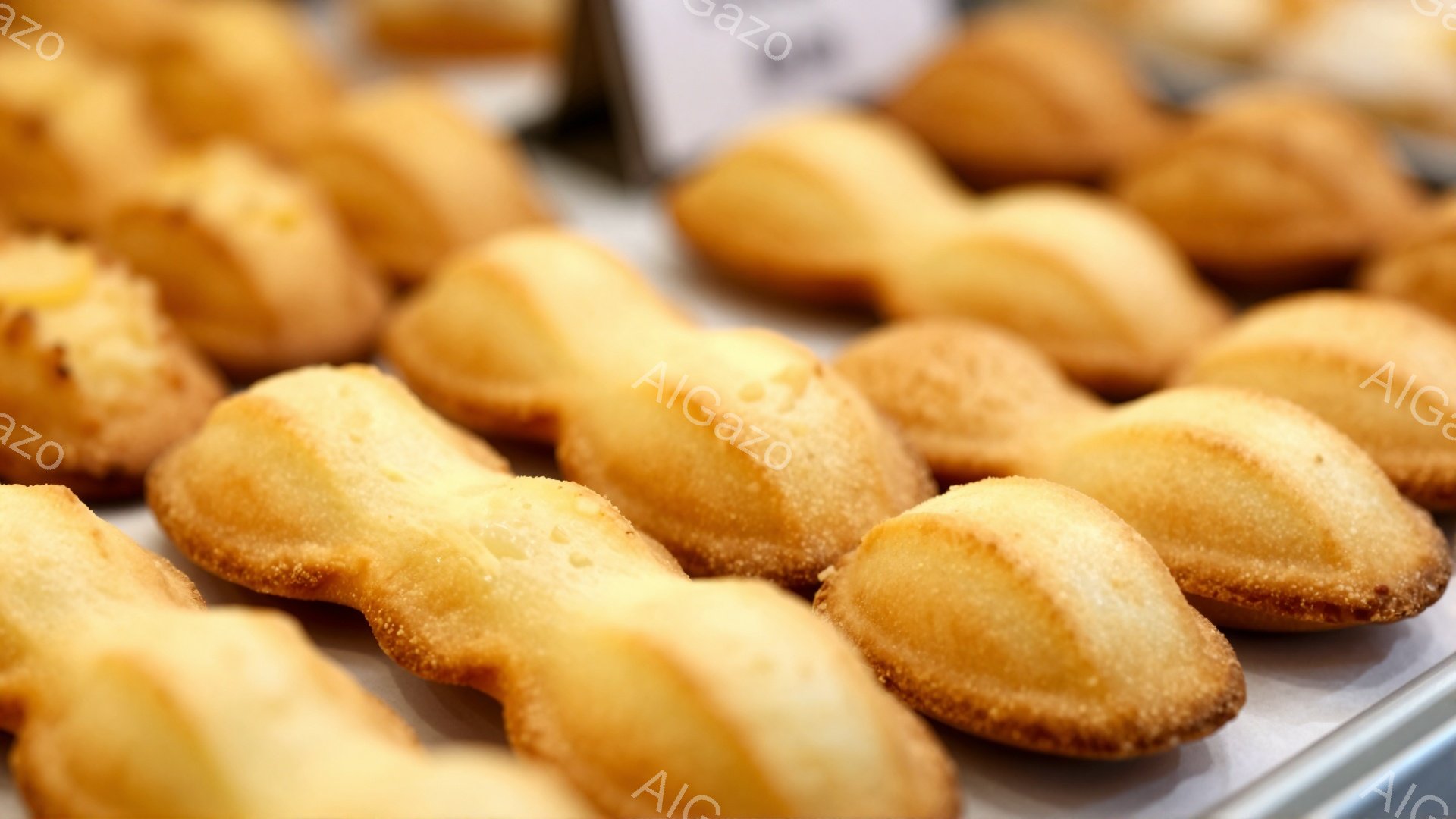 画像には、焼き色が薄い茶色で、貝殻の形をしたマドレーヌが整然と並べられています。それぞれのマドレーヌは粉砂糖で軽く覆われており、温かみのある光がそれらを照らしています。背景には、ぼやけたラベルと他の焼き菓子が見え、店内のショーケースの中である様子が伺えます。