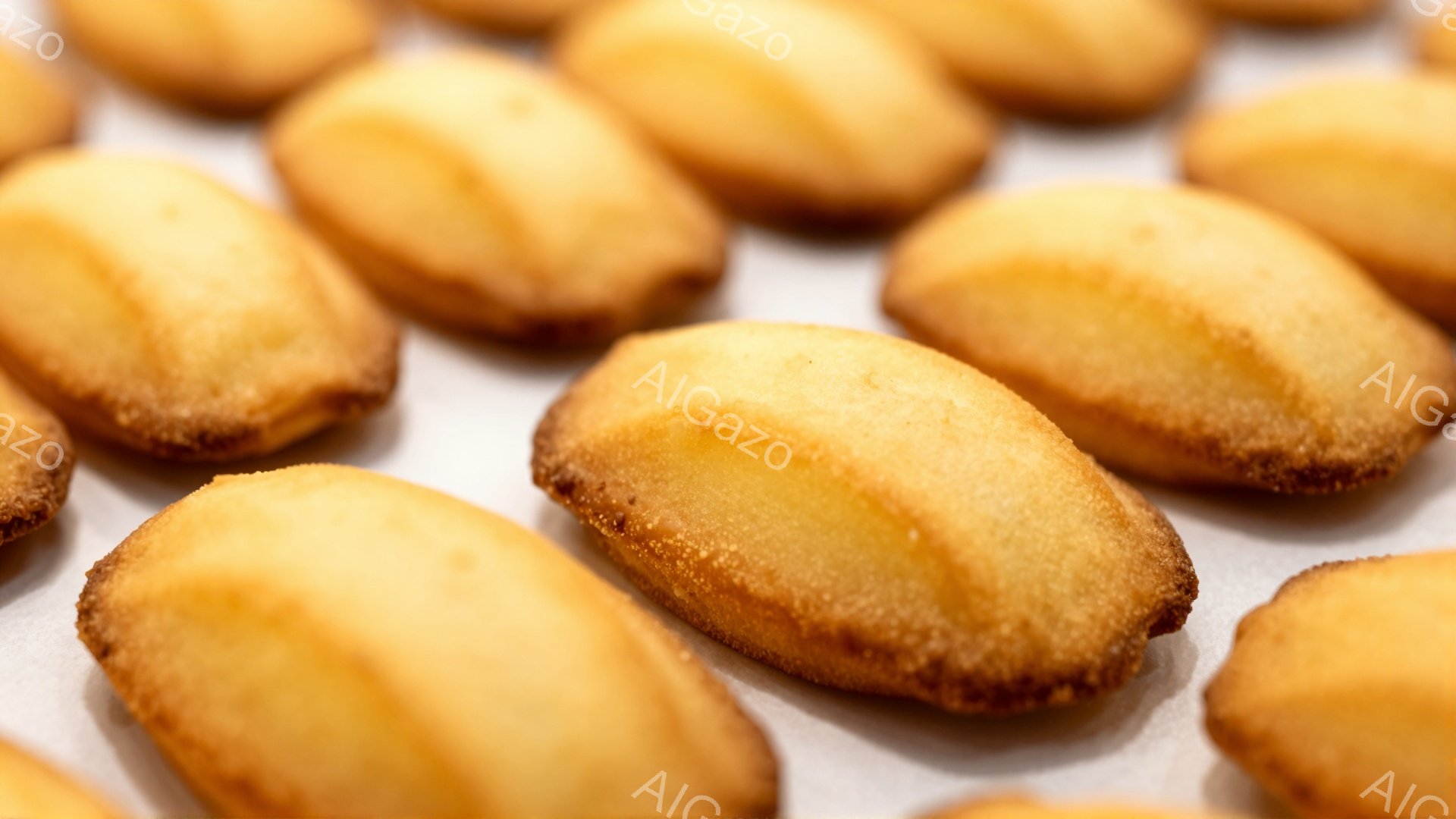 画像には、焼き色のついたマドレーヌが、クッキングシートの上に整然と並べられています。マドレーヌは貝殻のような独特の形をしており、表面は少しザラザラとした質感で、美味しさを暗示しています。全体的に暖色系の色調で、焼き立てのお菓子の香ばしさが感じられる、食欲をそそる雰囲気です。