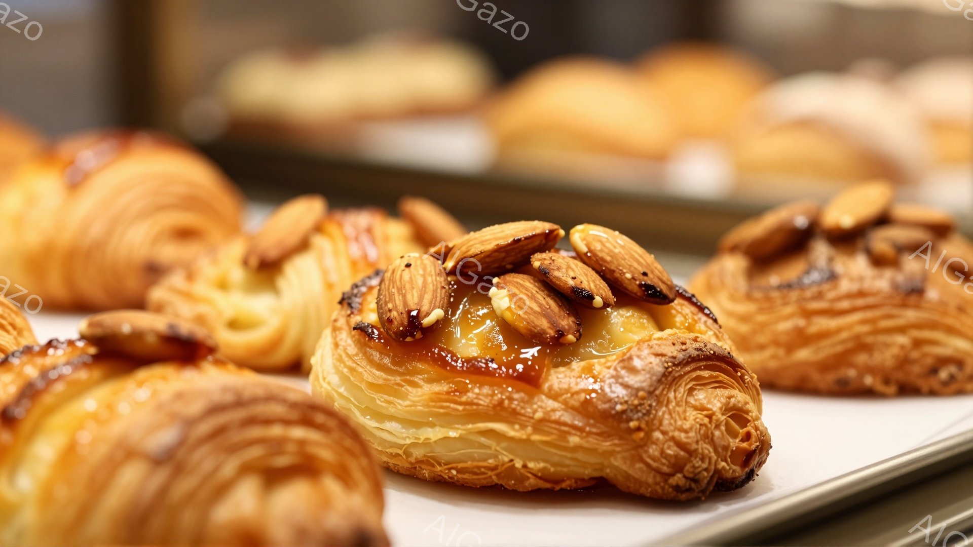 焼き上がったクロワッサンやデニッシュが、金属製のトレイの上に並べられています。焼き色は濃く、表面にはアーモンドがトッピングされており、甘い香りが漂ってくるようです。背景はぼやけていますが、パン屋さんのショーケースの中、またはパン作りの現場の様子がうかがえます。