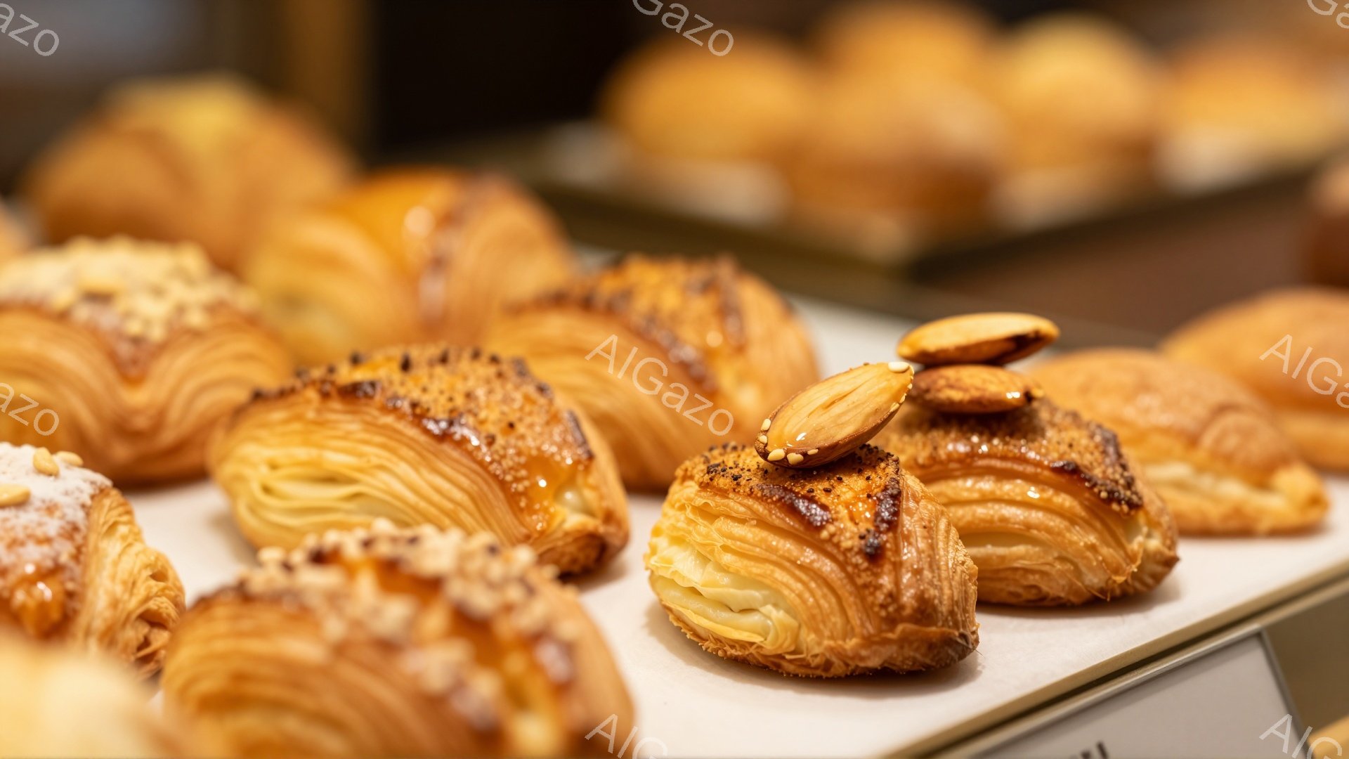 焼き色が美しいクロワッサンやパン生地の菓子が、白いトレーの上に整然と並べられています。それぞれの菓子には、アーモンドスライスや粒状の砂糖がトッピングされており、食欲をそそる様子が伺えます。背景はぼかされており、菓子に焦点が当たっています。